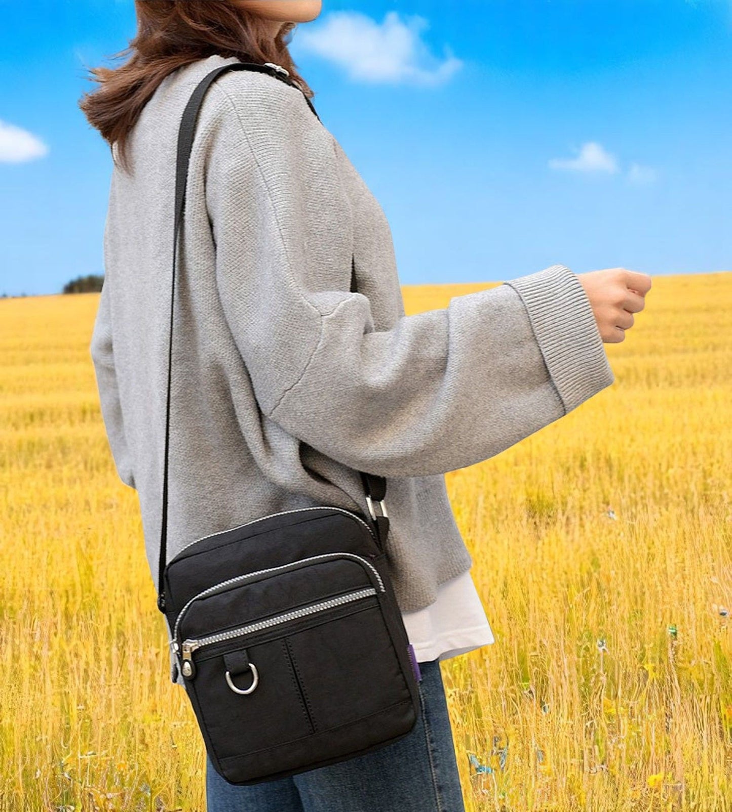Lightweight Waterproof Small Nylon Crossbody Bag for Women with Multiple Compartments and Adjustable Strap - Black (9925-KL)