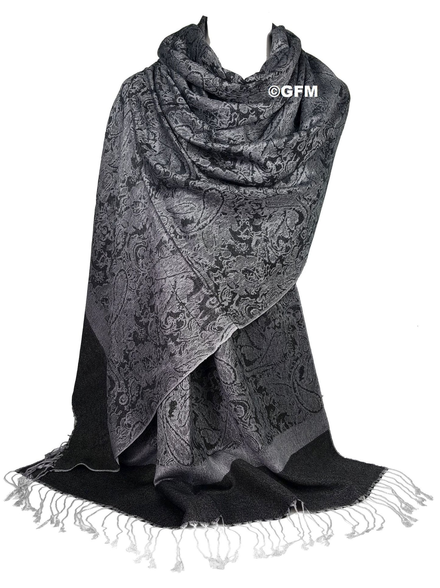 Paisley Pattern Pashmina Style Scarf – Lightweight, Stylish, Boho-Chic Fashion Accessory - Black White (P093-KLSFD)