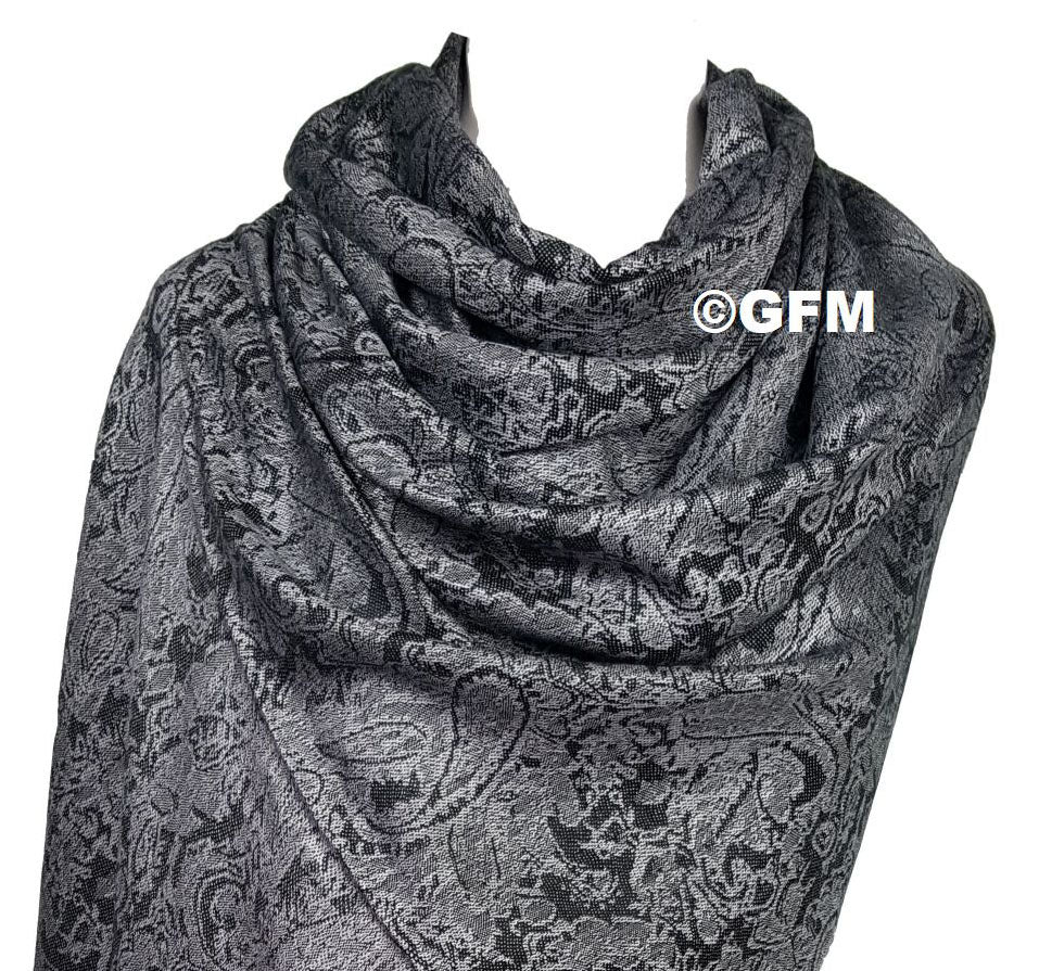 Paisley Pattern Pashmina Style Scarf – Lightweight, Stylish, Boho-Chic Fashion Accessory - Black White (P093-KLSFD)