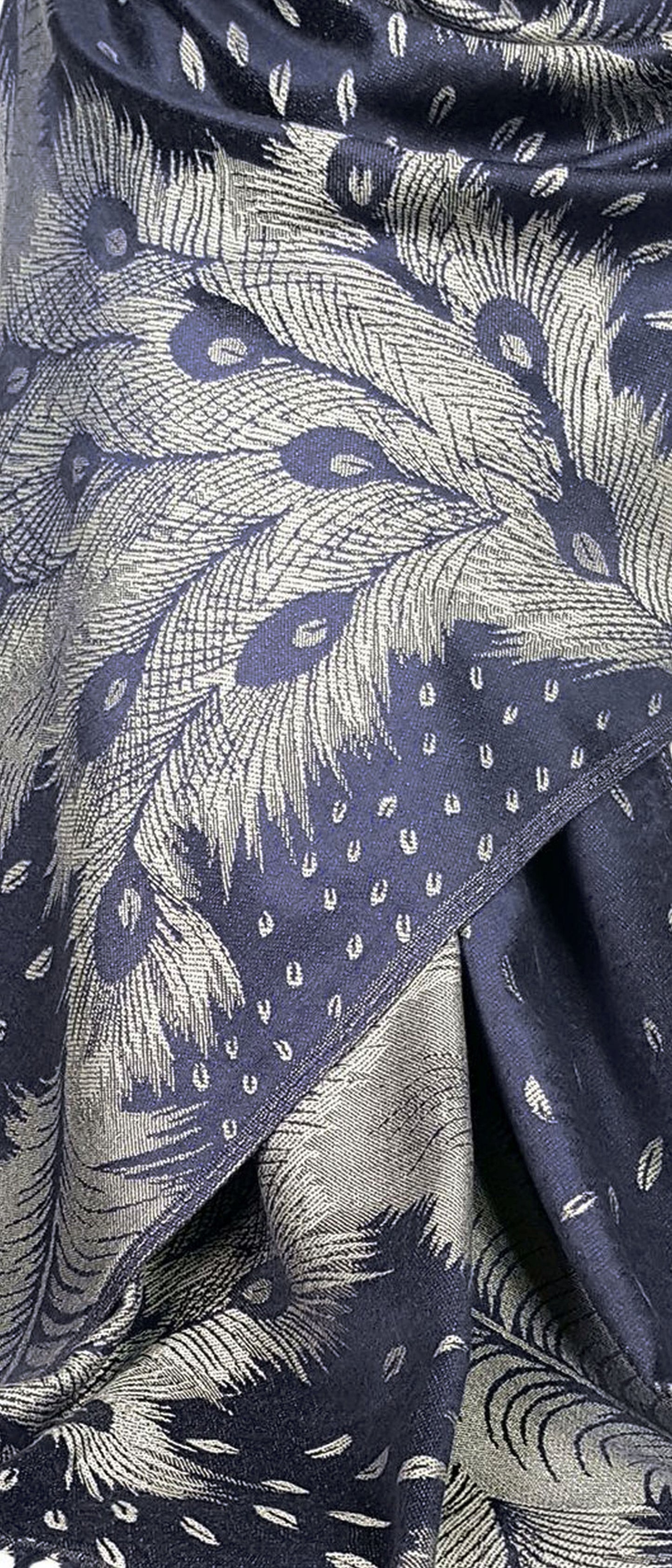 Peacock Feather Design Pashmina Style Scarf or Shawl – Blue Cream (PCKPASH-P49-NLDDH)