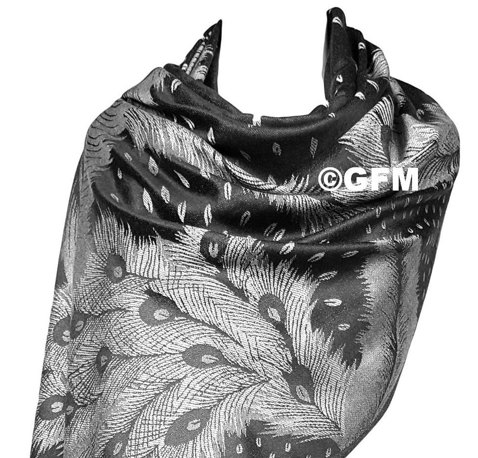 Peacock Feather Design Pashmina Style Scarf or Shawl – Silver Grey & Black (PCKPASH-P5-KLCH)