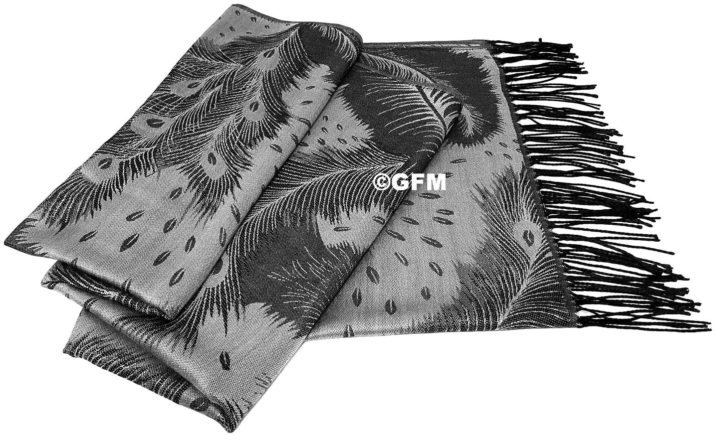 Peacock Feather Design Pashmina Style Scarf or Shawl – Silver Grey & Black (PCKPASH-P5-KLCH)