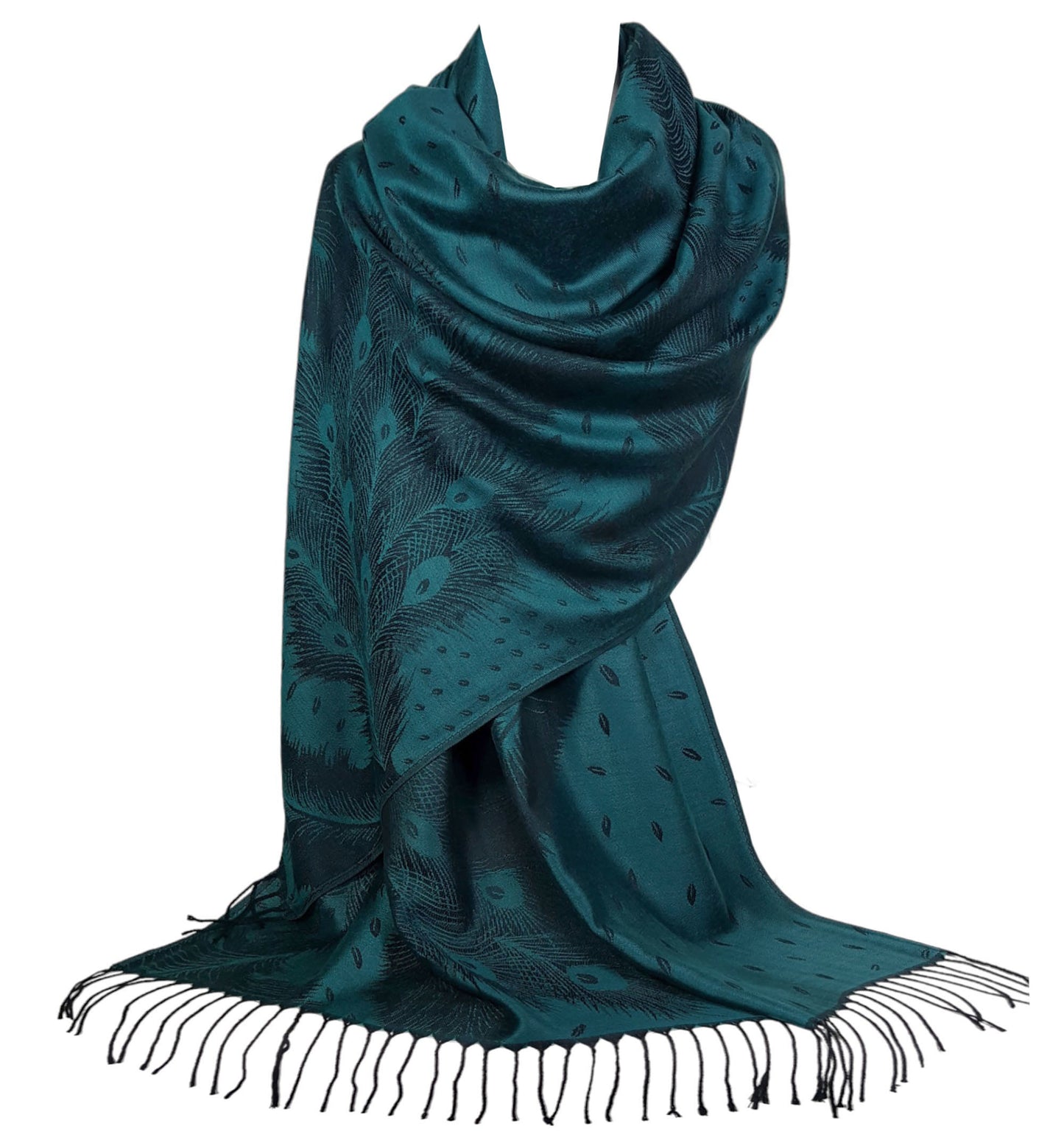 Peacock Feather Design Pashmina Style Scarf or Shawl – Peacock Green Blue (PCKPASH-P3-PCKKL)