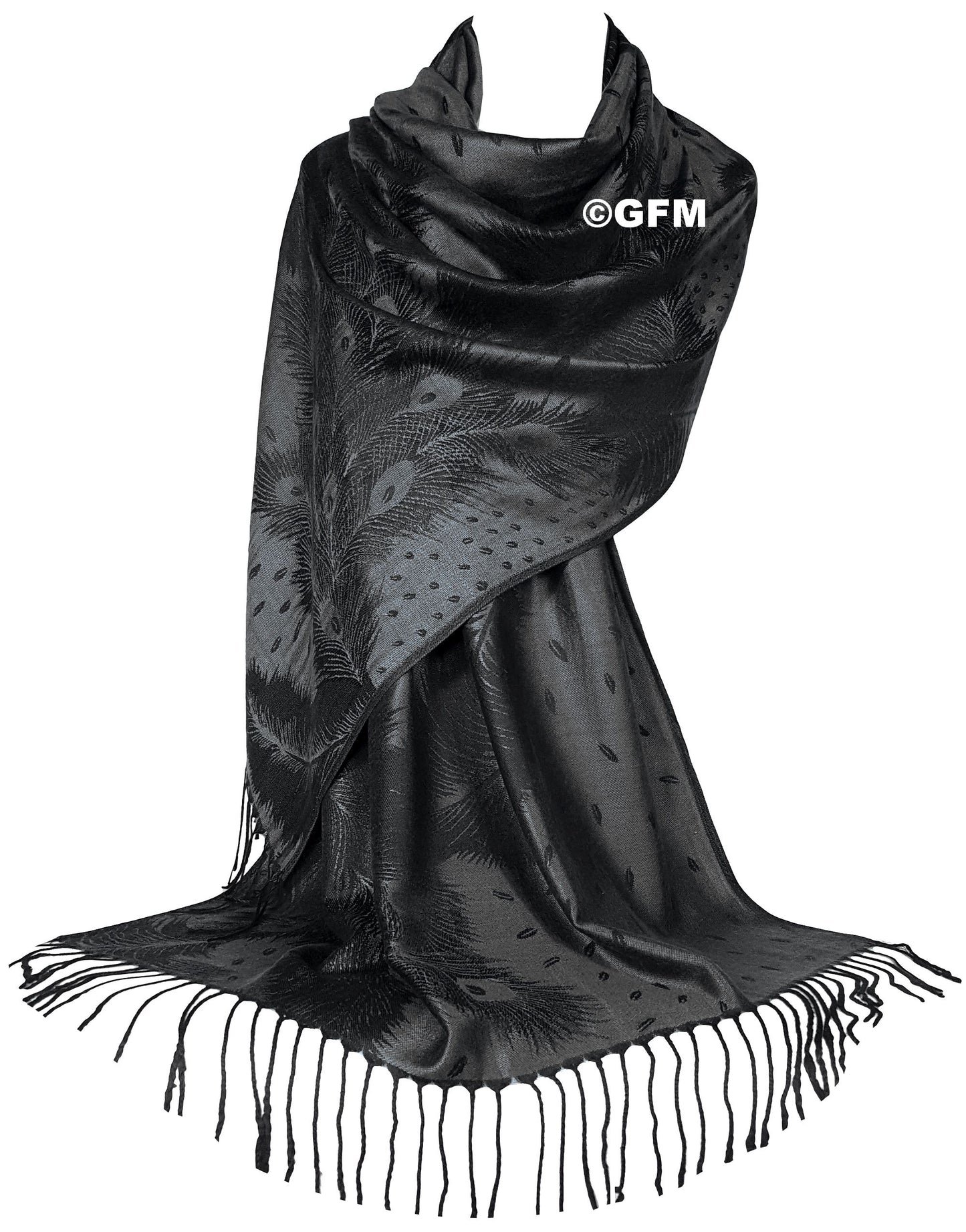 Peacock Feather Design Pashmina Style Scarf or Shawl – Grey Black (PCKPASH-P10-KLBH)