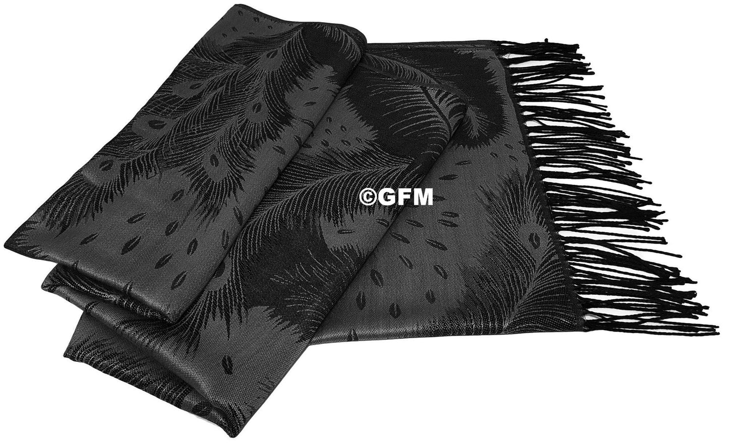 Peacock Feather Design Pashmina Style Scarf or Shawl – Grey Black (PCKPASH-P10-KLBH)