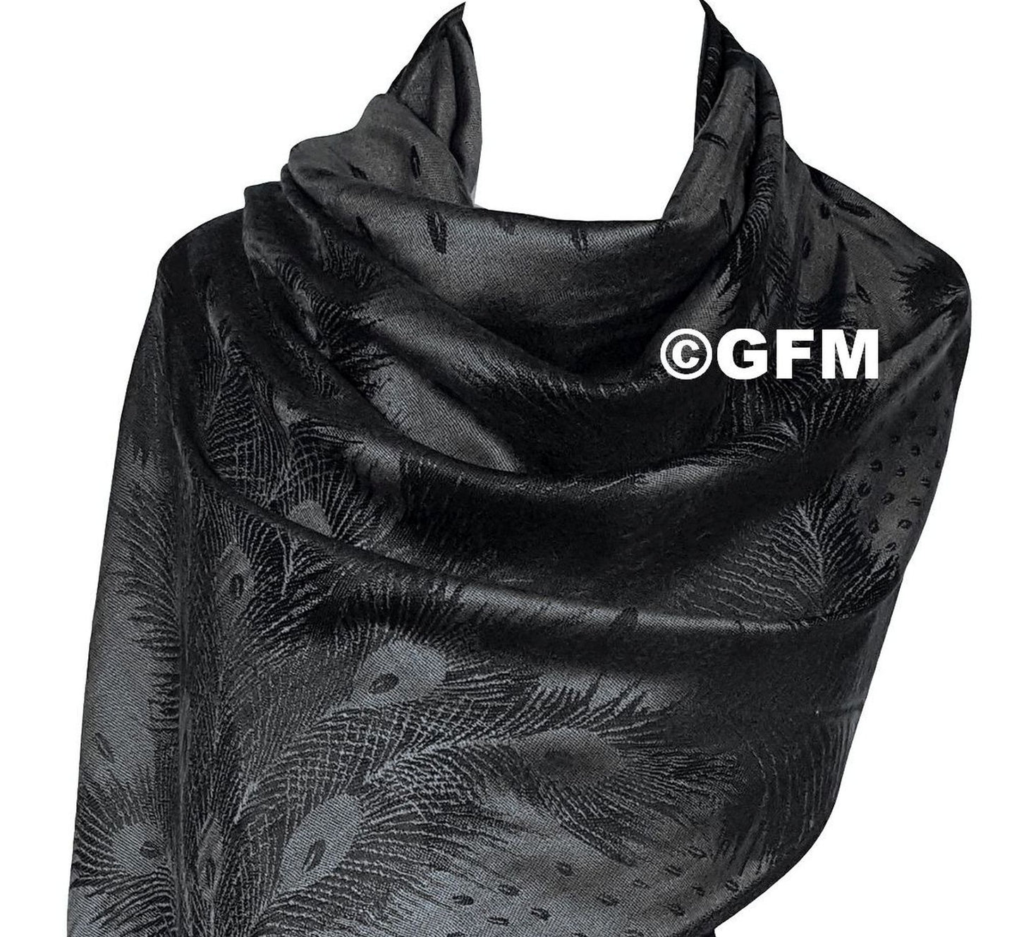 Peacock Feather Design Pashmina Style Scarf or Shawl – Grey Black (PCKPASH-P10-KLBH)