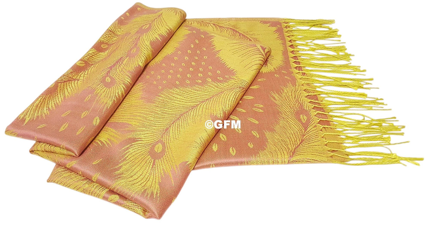 Peacock Feather Design Pashmina Style Scarf or Shawl – Pink Yellow (PCKPASH-P30-HLGLBSN)