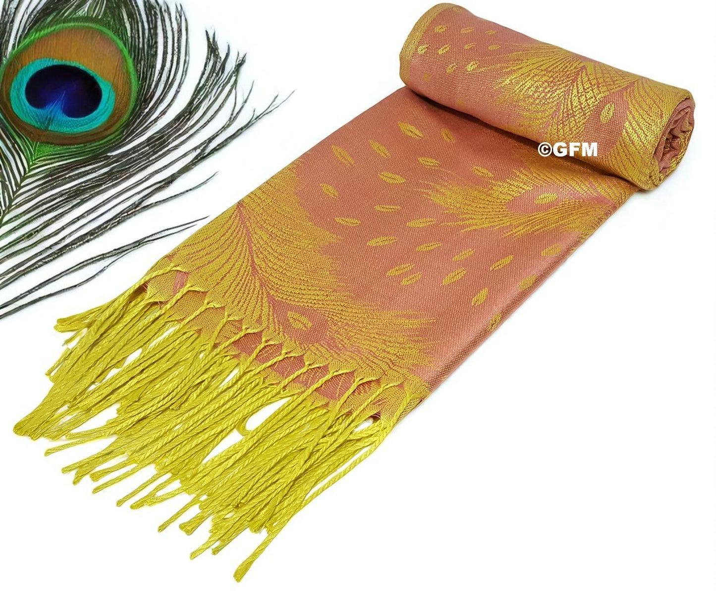Peacock Feather Design Pashmina Style Scarf or Shawl – Pink Yellow (PCKPASH-P30-HLGLBSN)