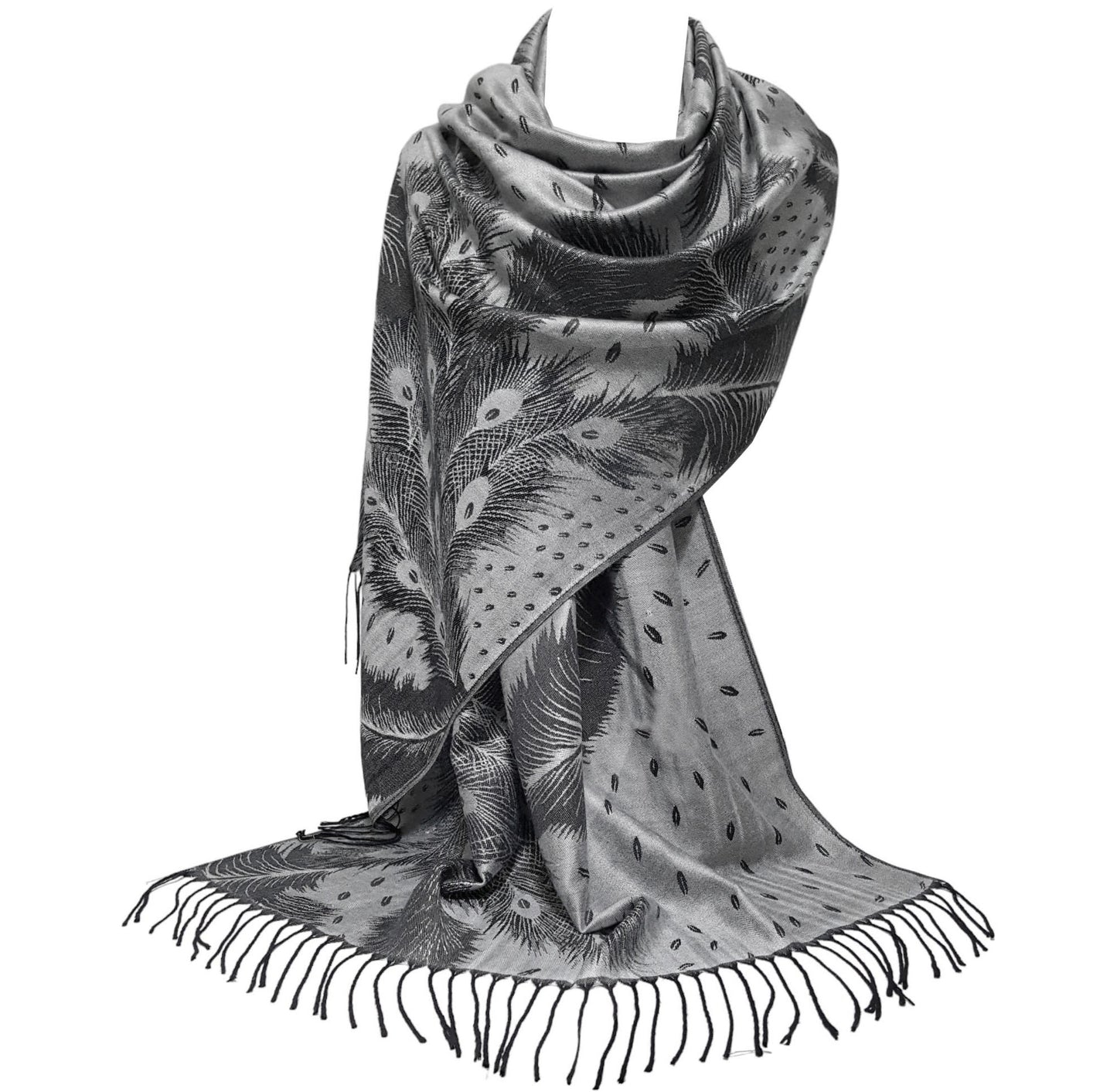 Peacock Feather Design Pashmina Style Scarf or Shawl – Silver Grey & Black (PCKPASH-P5-KLCH)