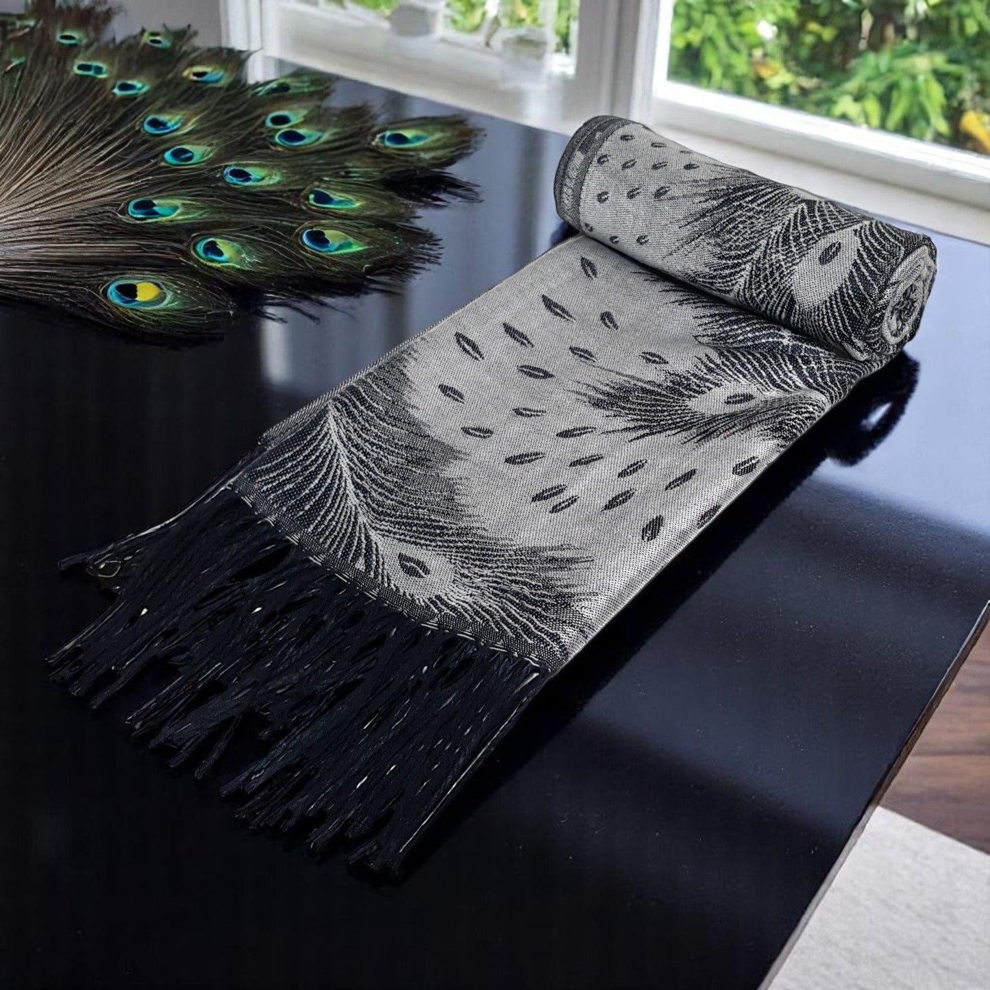 Peacock Feather Design Pashmina Style Scarf or Shawl – Silver Grey & Black (PCKPASH-P5-KLCH)