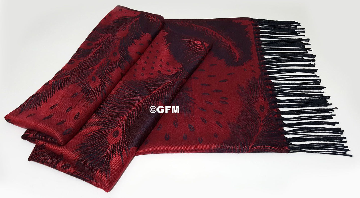 Peacock Feather Design Pashmina Style Scarf or Shawl – Deep Red Black (PCKPASH-P23-VLLKL)