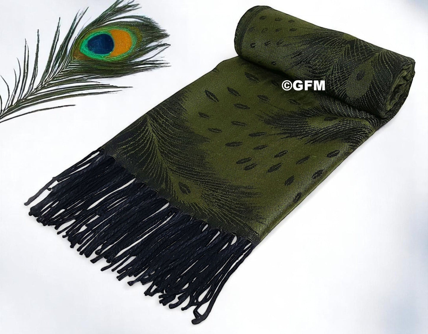 Peacock Feather Design Pashmina Style Scarf or Shawl – Olive Green (PCKPASH-P11-JTNKL)