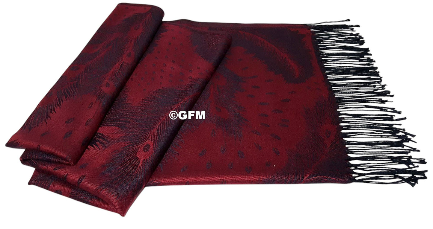 Peacock Feather Design Pashmina Style Scarf or Shawl – Berry Red (PCKPASH-P6-BLL)