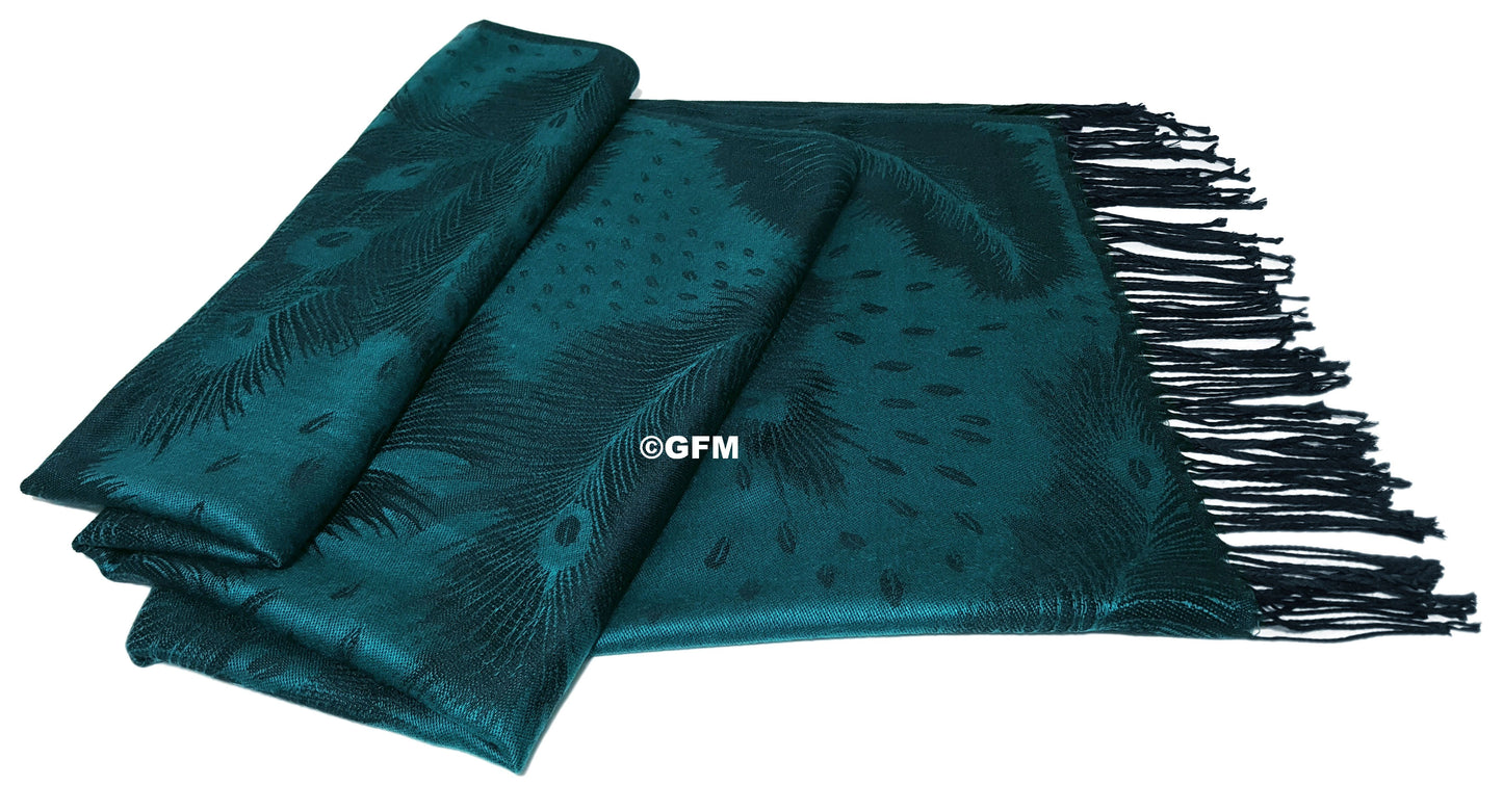 Peacock Feather Design Pashmina Style Scarf or Shawl – Peacock Green Blue (PCKPASH-P3-PCKKL)