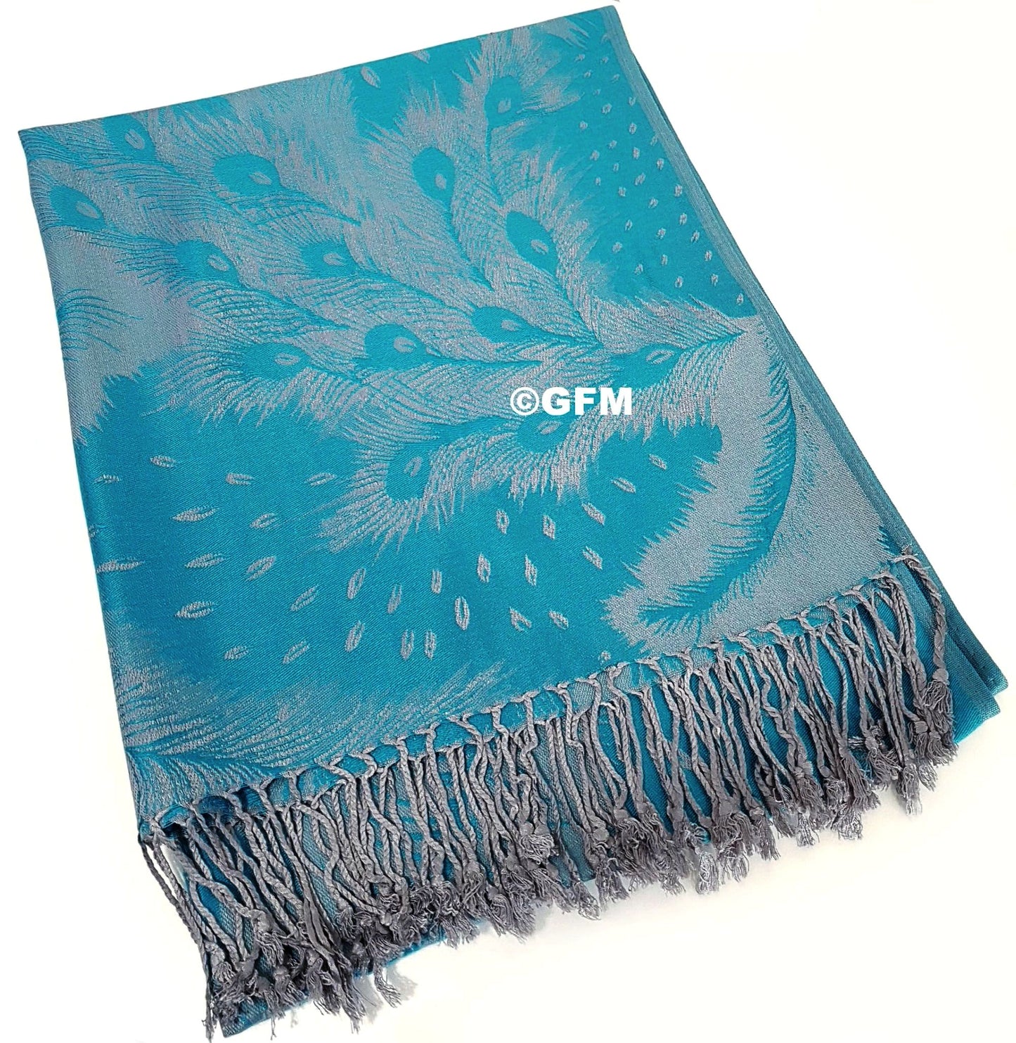 Peacock Feather Design Pashmina Style Scarf or Shawl – Turquoise Blue (PCKPASH-P19-TXNLBH)