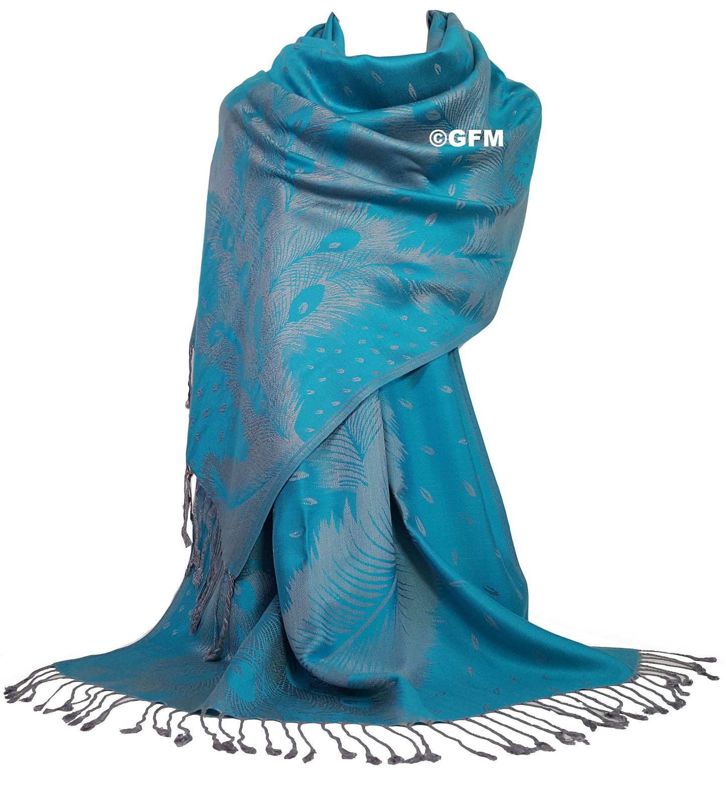 Peacock Feather Design Pashmina Style Scarf or Shawl – Turquoise Blue (PCKPASH-P19-TXNLBH)