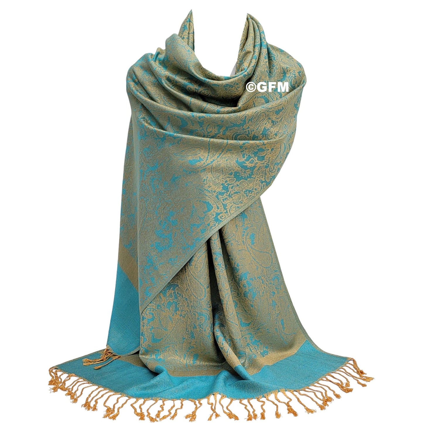 Paisley Pattern Pashmina Style Scarf – Lightweight, Stylish, Boho-Chic Fashion Accessory - Golden Brown Turquoise Green (P093-SNTXHR)