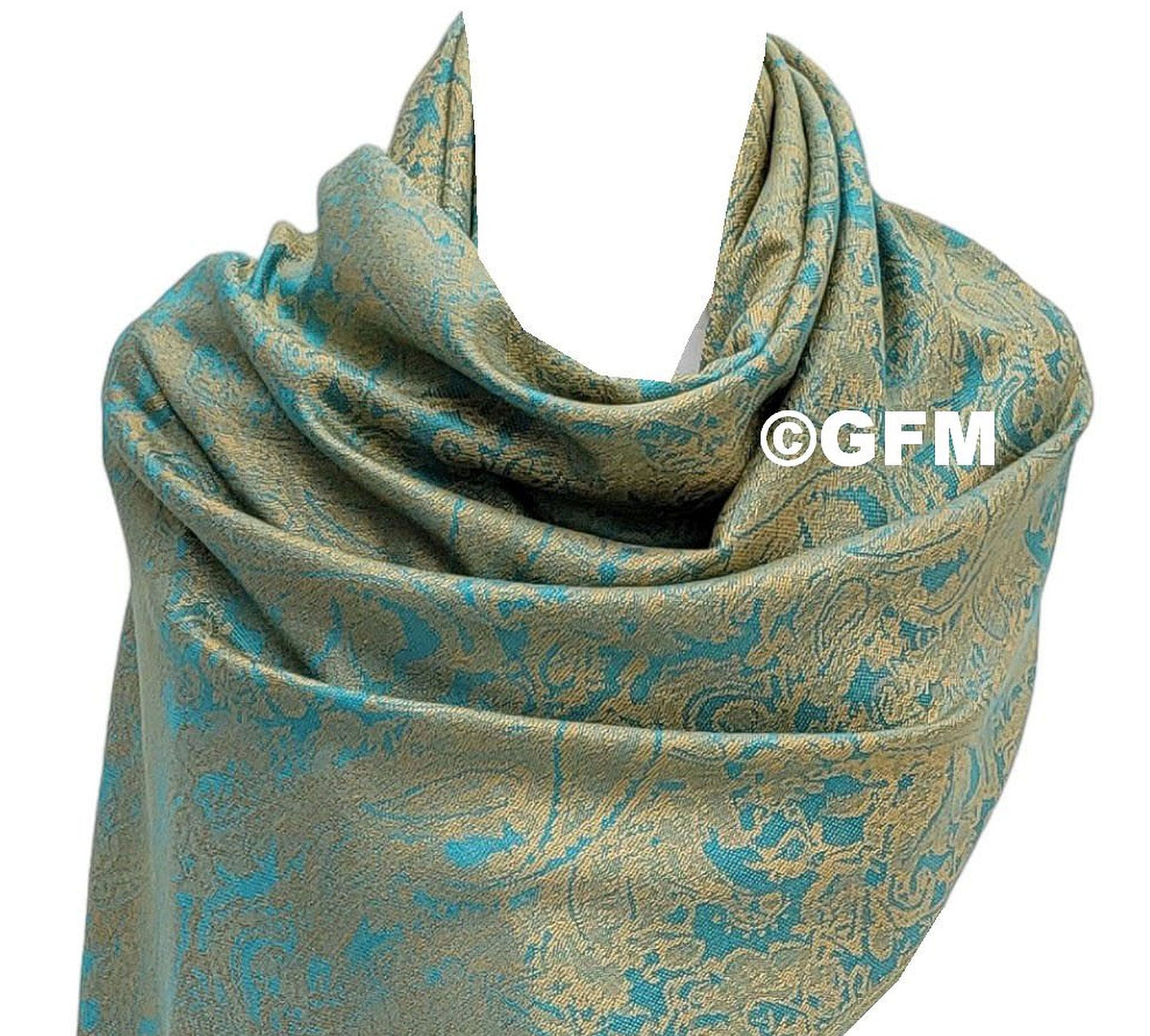 Paisley Pattern Pashmina Style Scarf – Lightweight, Stylish, Boho-Chic Fashion Accessory - Golden Brown Turquoise Green (P093-SNTXHR)