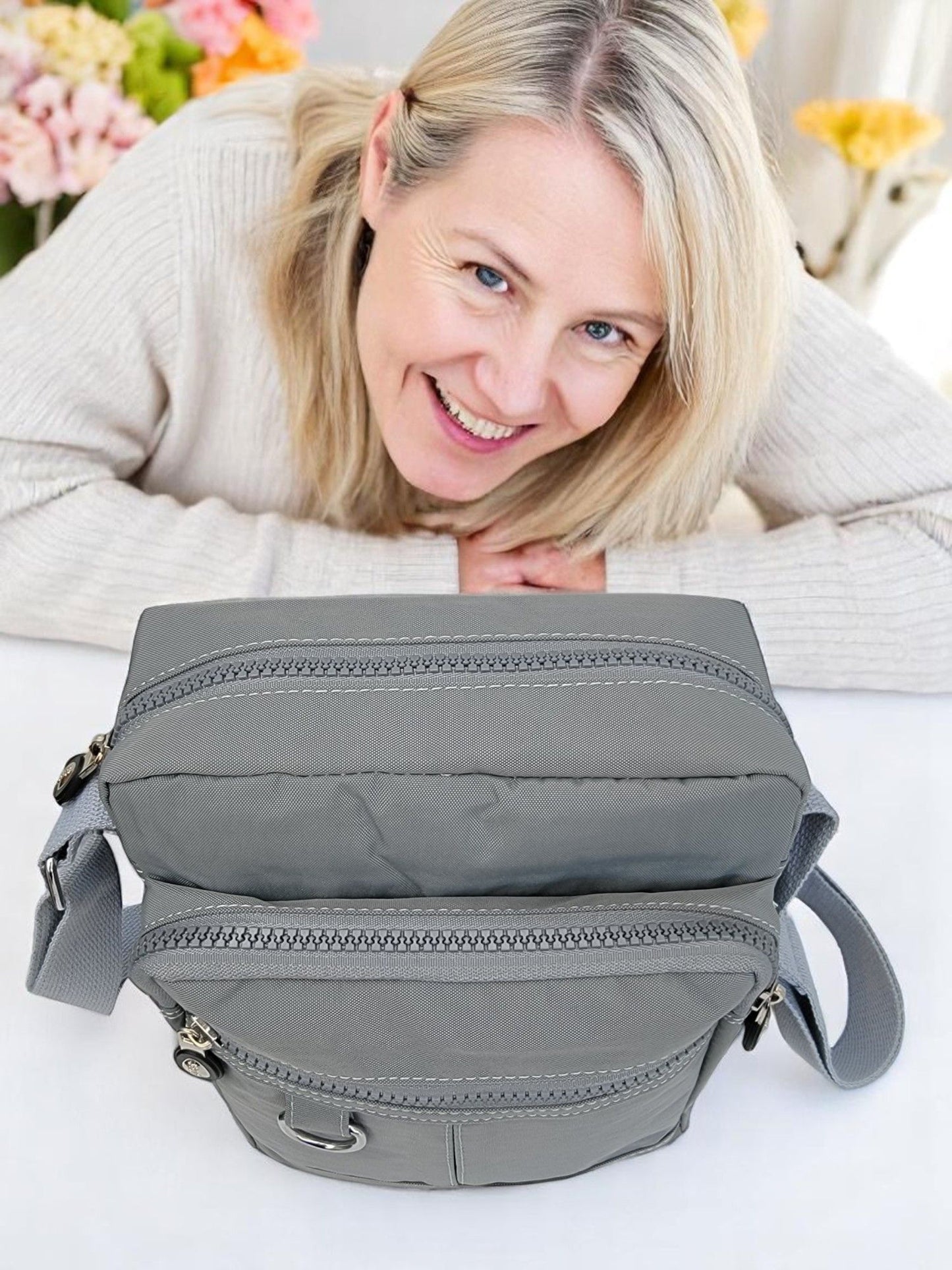 Lightweight Waterproof Small Nylon Crossbody Bag for Women with Multiple Compartments and Adjustable Strap - Light Grey (9925-HLBH)