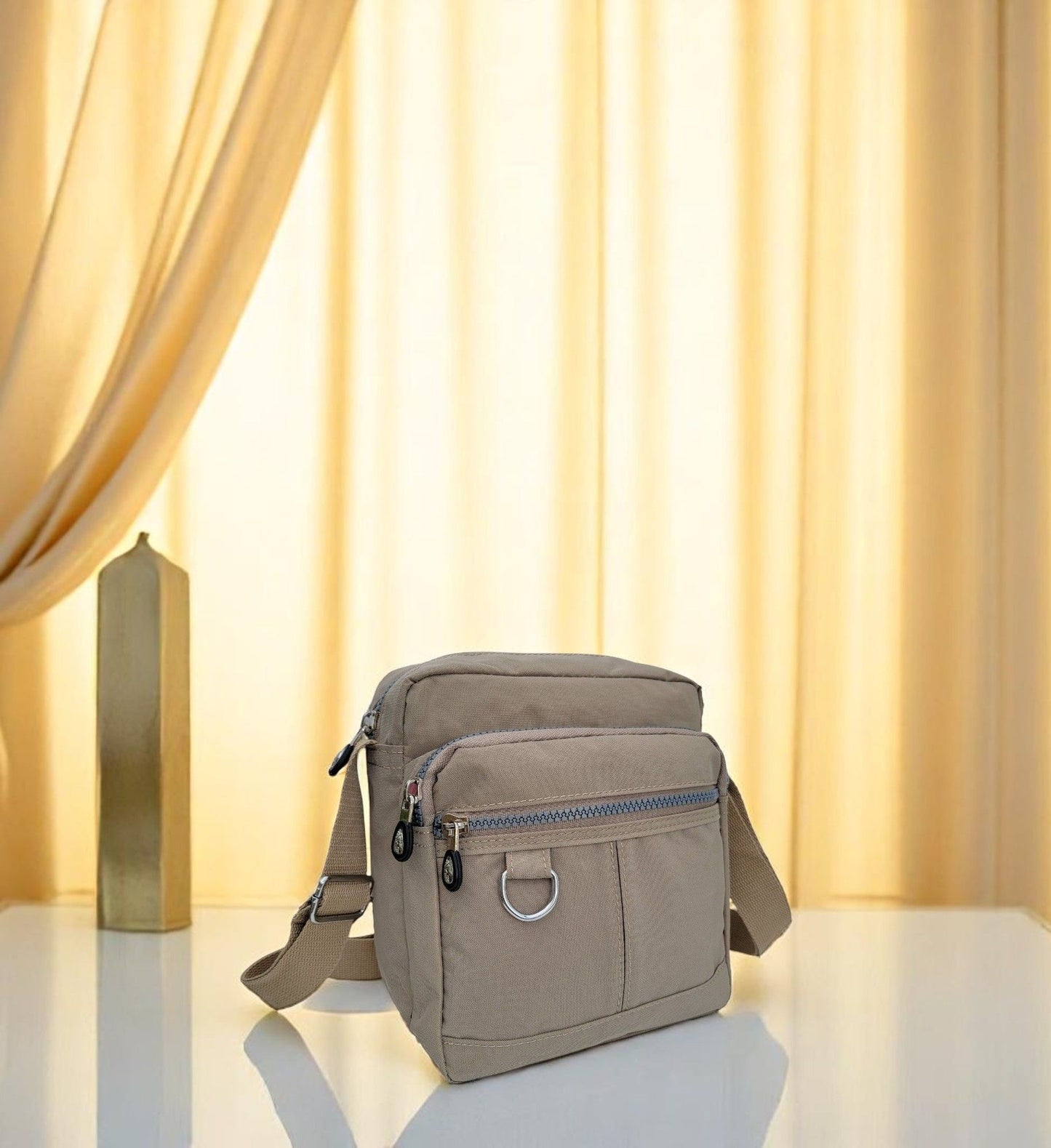 Lightweight Waterproof Small Nylon Crossbody Bag for Women with Multiple Compartments and Adjustable Strap - Beige (9925-TR)