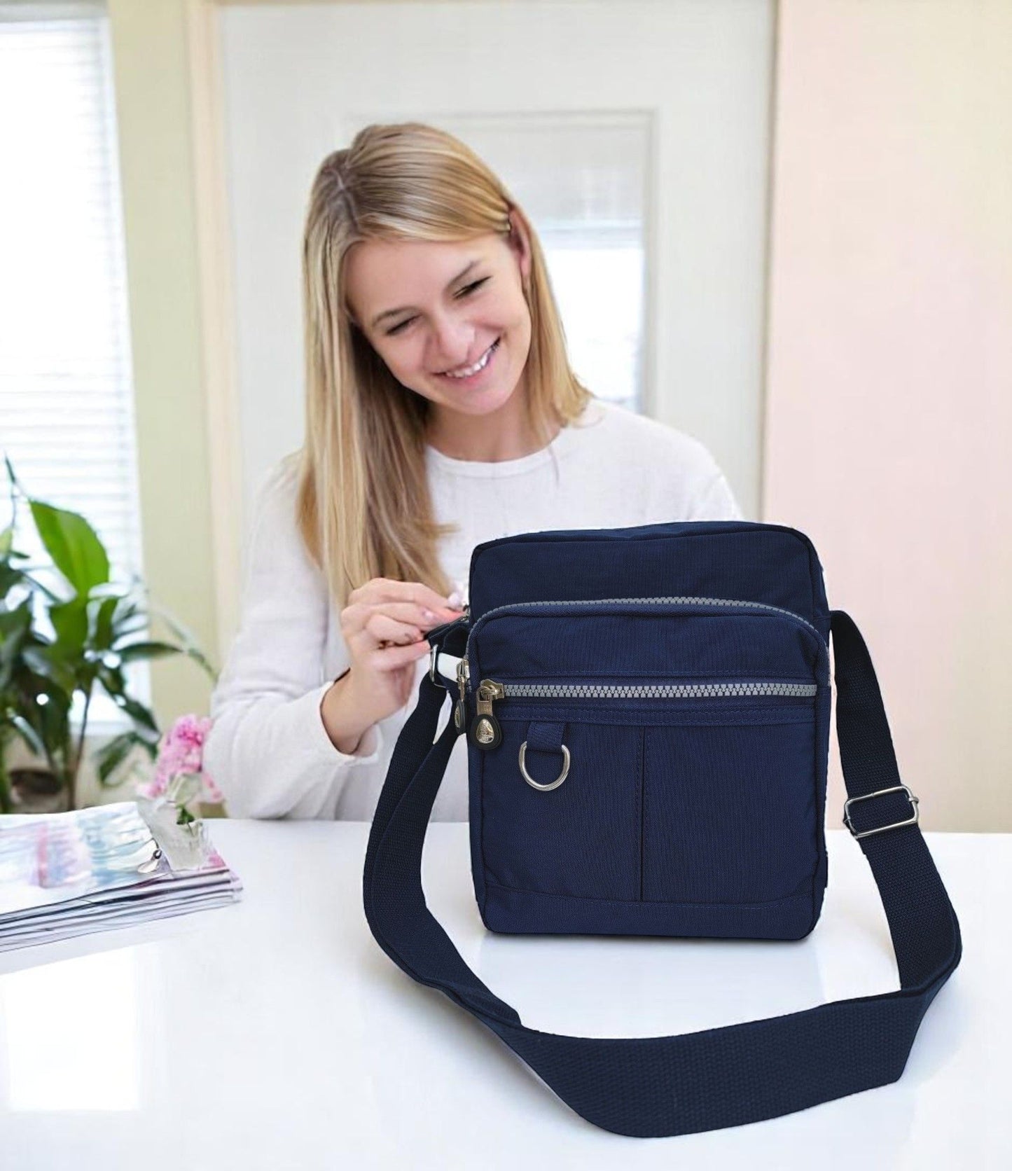 Lightweight Waterproof Small Nylon Crossbody Bag for Women with Multiple Compartments and Adjustable Strap - Navy Blue (9925-GHNL)