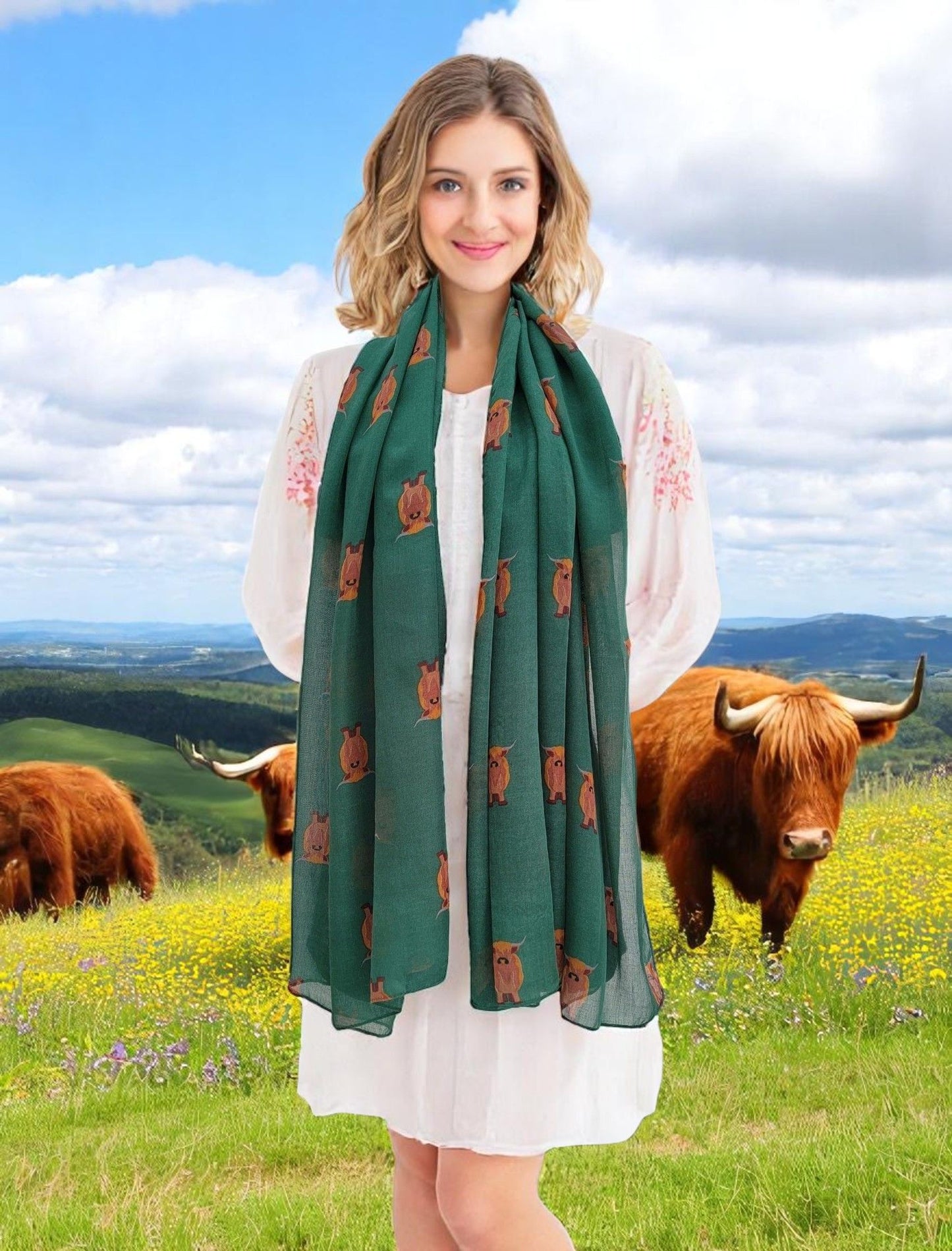 Scottish Highland Cow Scarf – Fluffy Highland Coos Heilan Coo Cattle Print Wrap - Green (CW-53-HR)