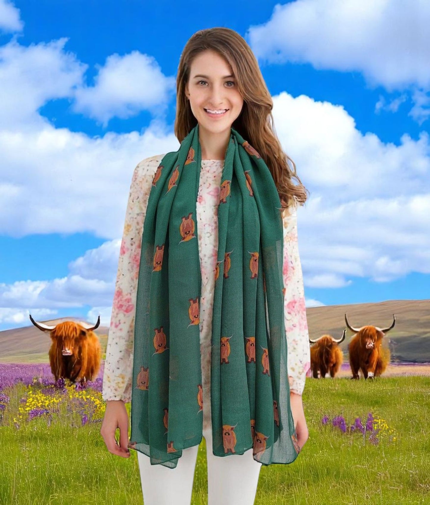 Scottish Highland Cow Scarf – Fluffy Highland Coos Heilan Coo Cattle Print Wrap - Green (CW-53-HR)