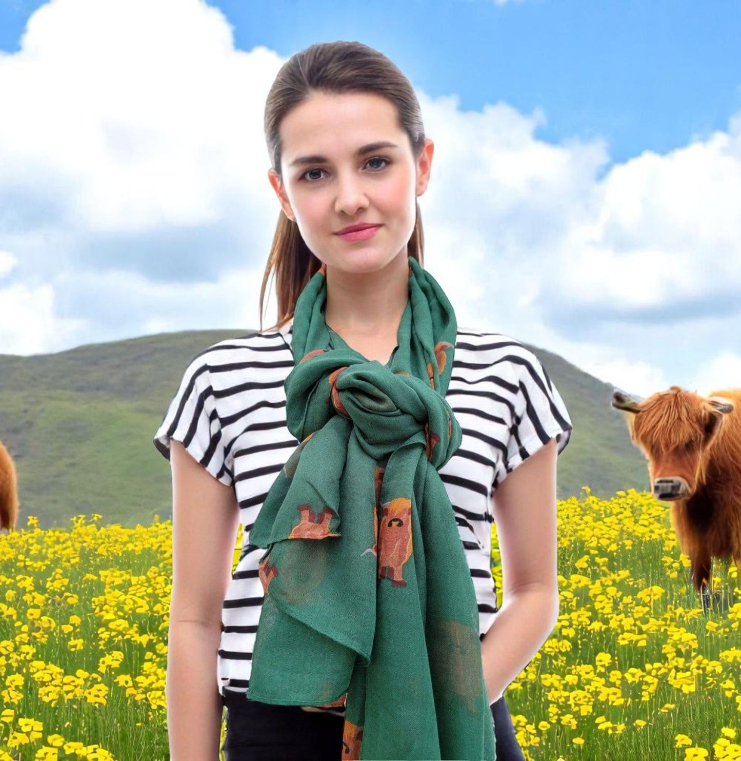 Scottish Highland Cow Scarf – Fluffy Highland Coos Heilan Coo Cattle Print Wrap - Green (CW-53-HR)