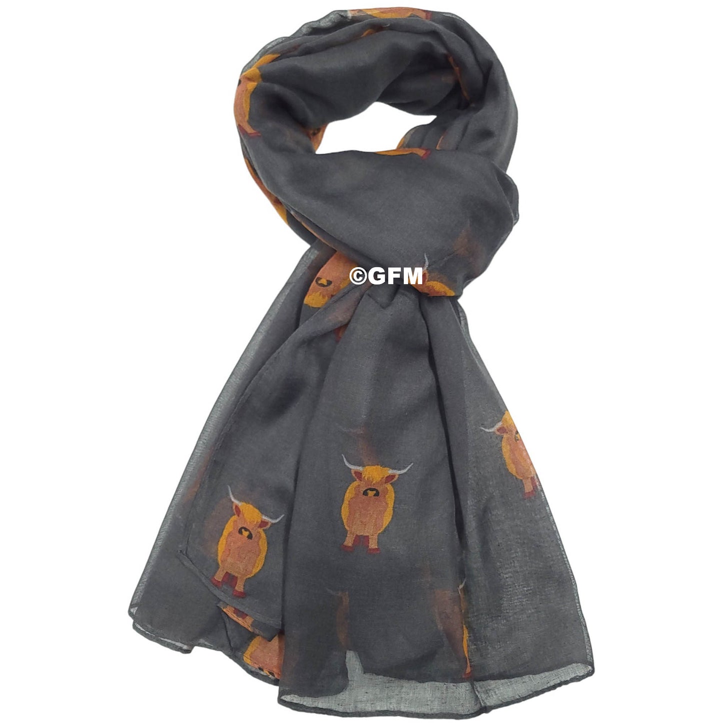 Scottish Highland Cow Scarf – Fluffy Highland Coos Heilan Coo Cattle Print Wrap - Grey (CW-53-BH)
