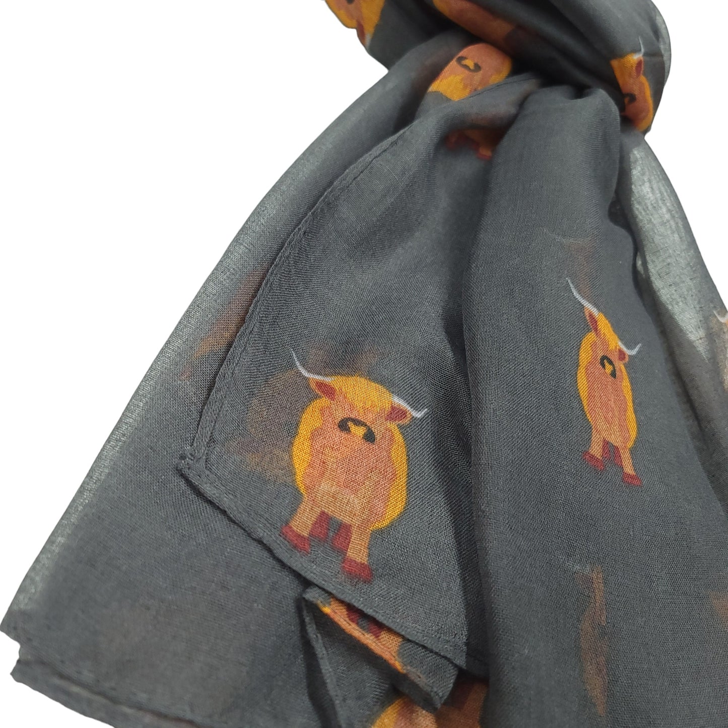 Scottish Highland Cow Scarf – Fluffy Highland Coos Heilan Coo Cattle Print Wrap - Grey (CW-53-BH)