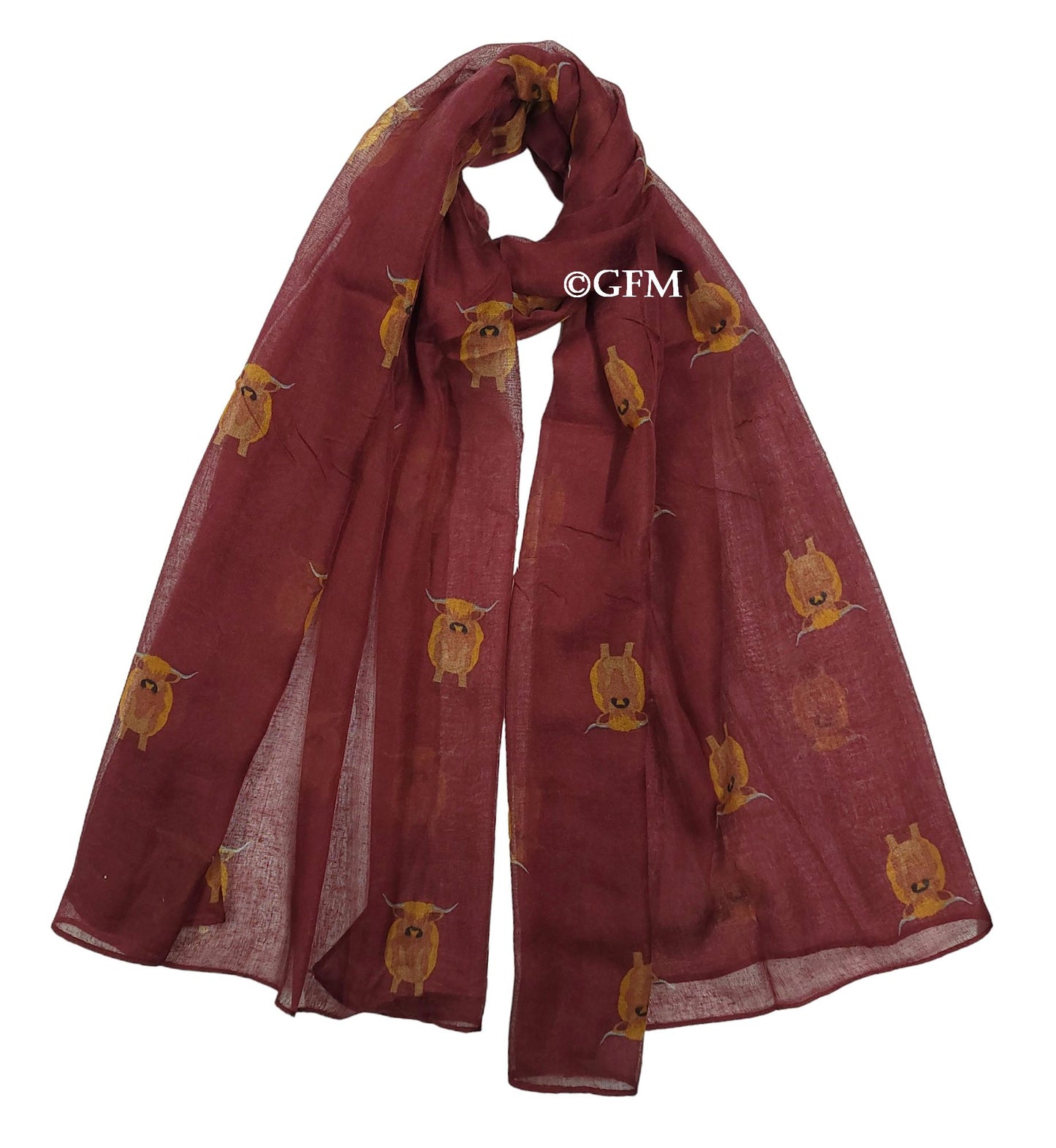 Scottish Highland Cow Scarf – Fluffy Highland Coos Heilan Coo Cattle Print Wrap - Red (CW-53-GHLL)