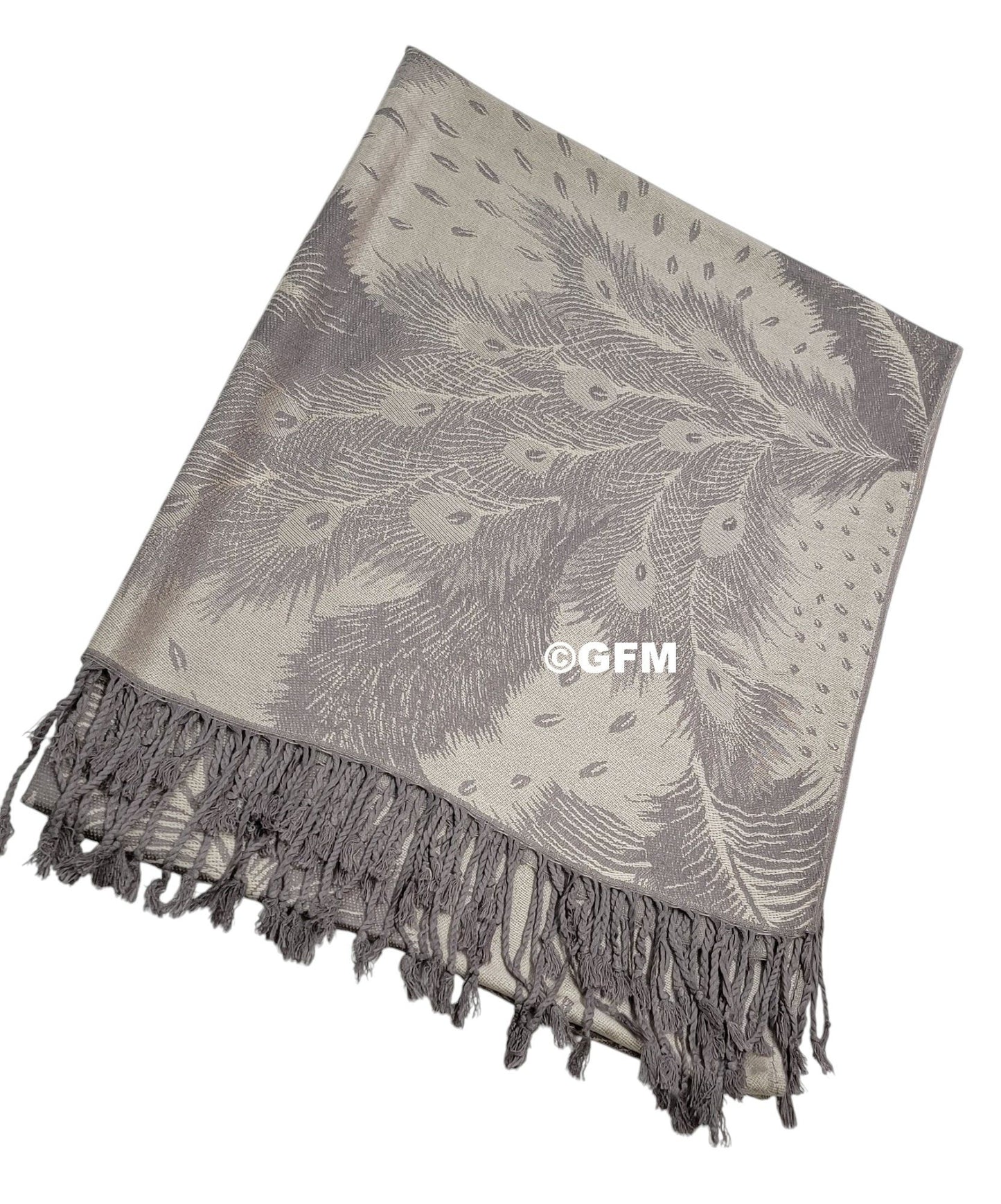Peacock Feather Design Pashmina Style Scarf or Shawl – Beige Grey (PCKPASH-P45-TRBH)