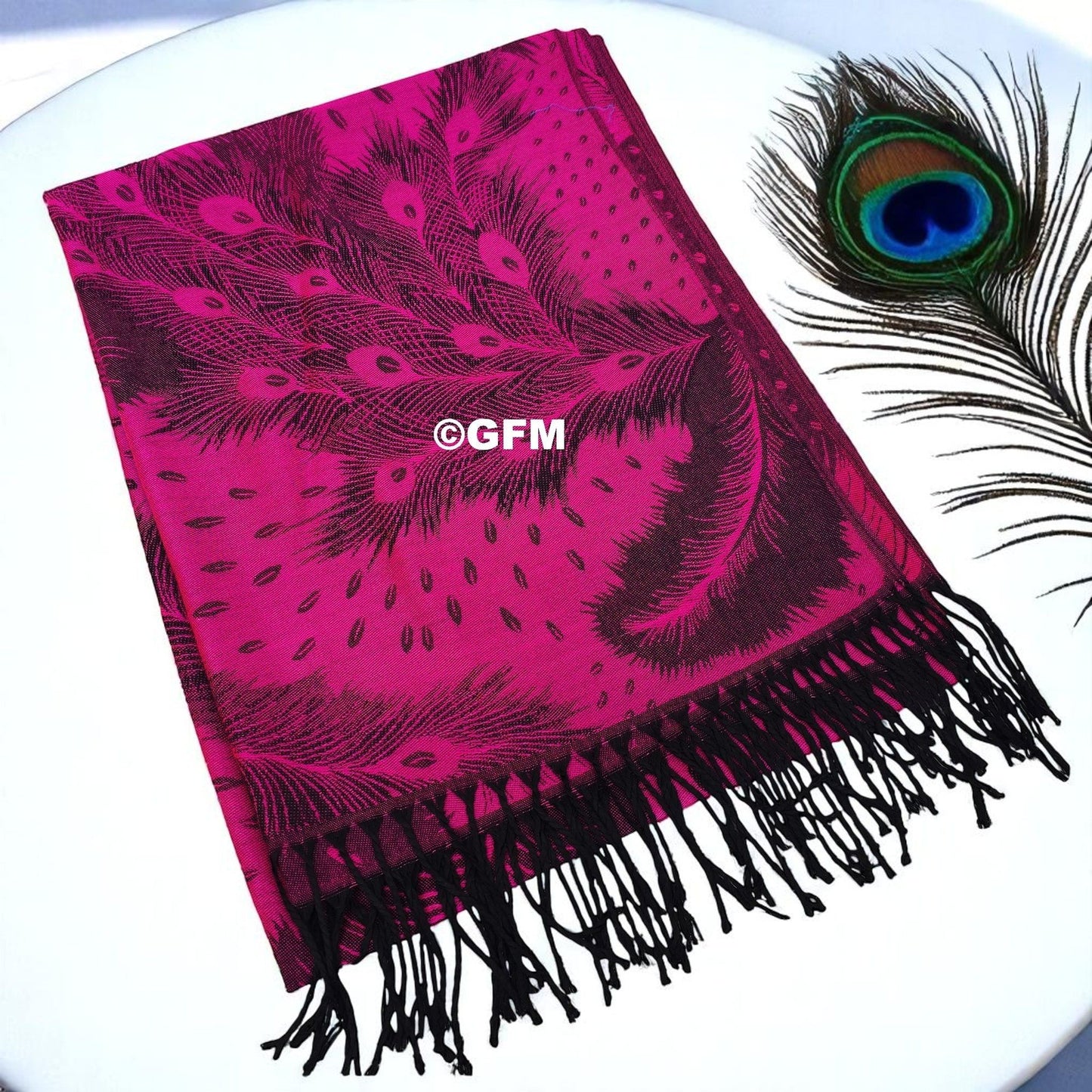 Peacock Feather Design Pashmina Style Scarf or Shawl – Hot Pink Black (PCKPASH-P8-CRTGLBKL)