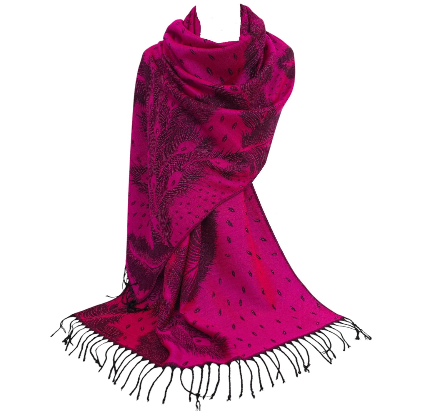 Peacock Feather Design Pashmina Style Scarf or Shawl – Hot Pink Black (PCKPASH-P8-CRTGLBKL)