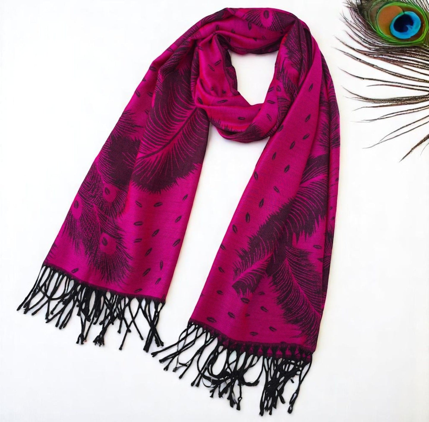 Peacock Feather Design Pashmina Style Scarf or Shawl – Hot Pink Black (PCKPASH-P8-CRTGLBKL)