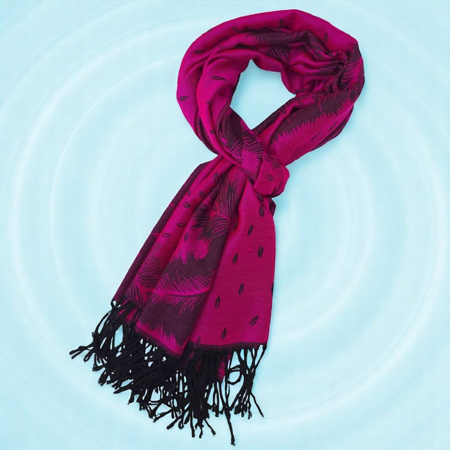 Peacock Feather Design Pashmina Style Scarf or Shawl – Hot Pink Black (PCKPASH-P8-CRTGLBKL)