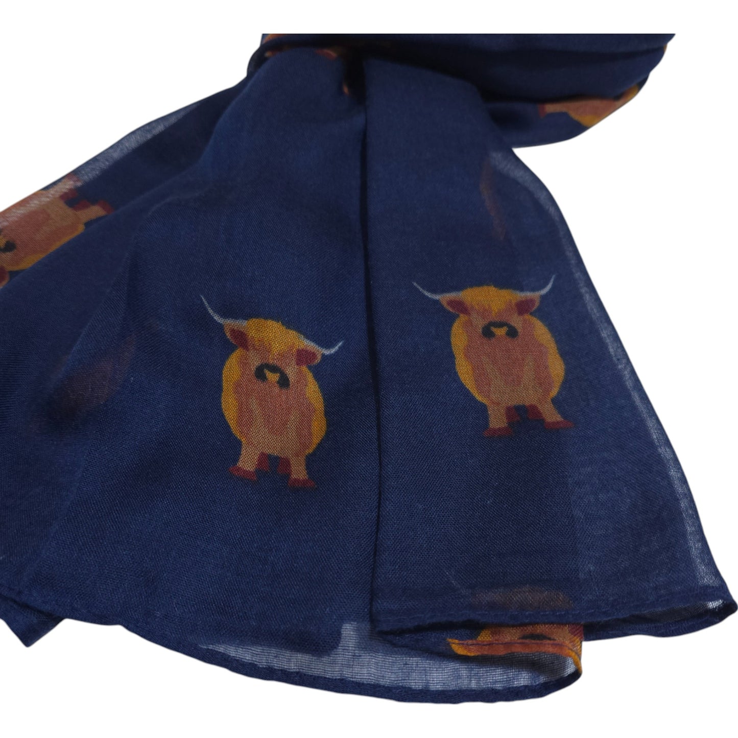 Scottish Highland Cow Scarf – Fluffy Highland Coos Heilan Coo Cattle Print Wrap - Navy Blue (CW-53-GHNL)