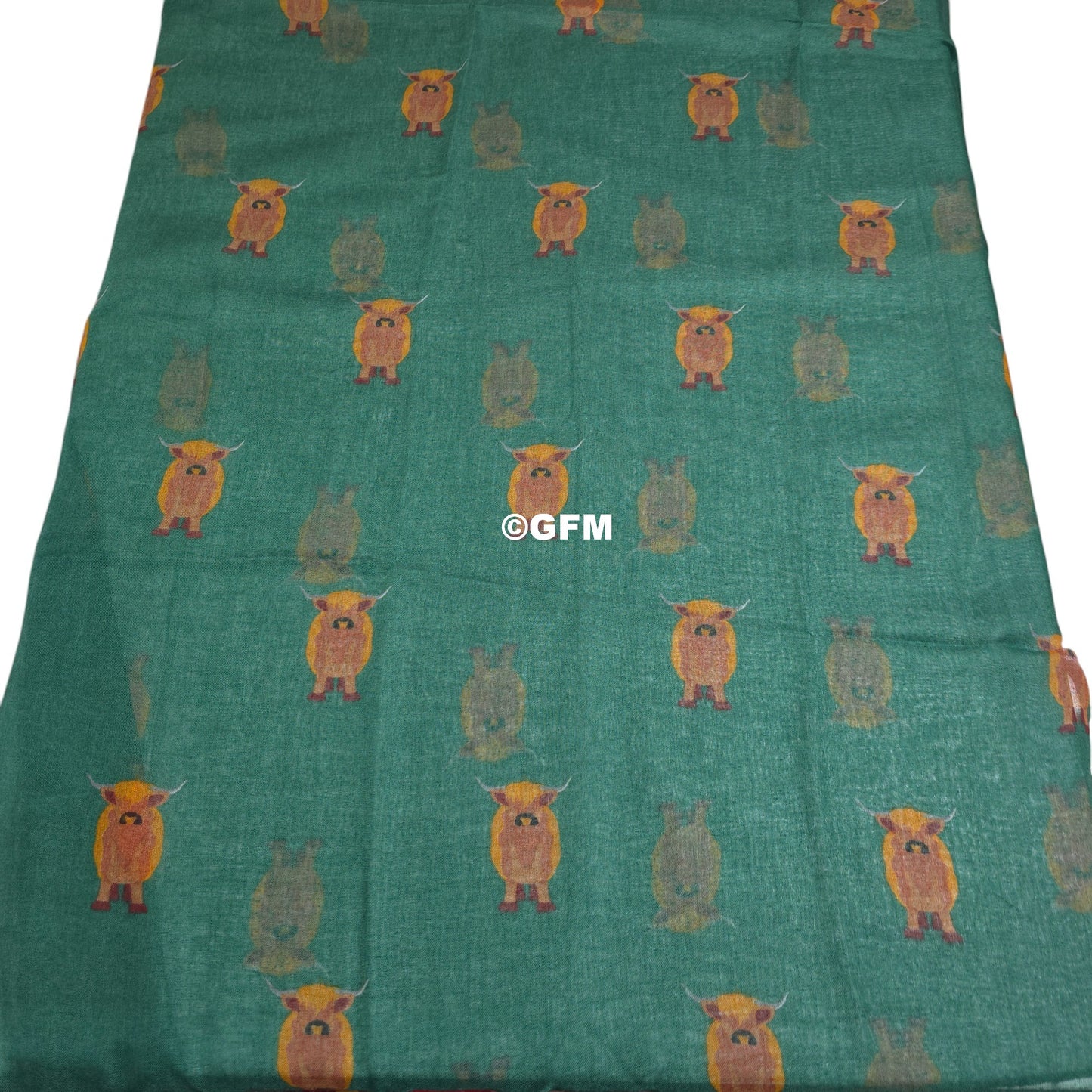 Scottish Highland Cow Scarf – Fluffy Highland Coos Heilan Coo Cattle Print Wrap - Green (CW-53-HR)