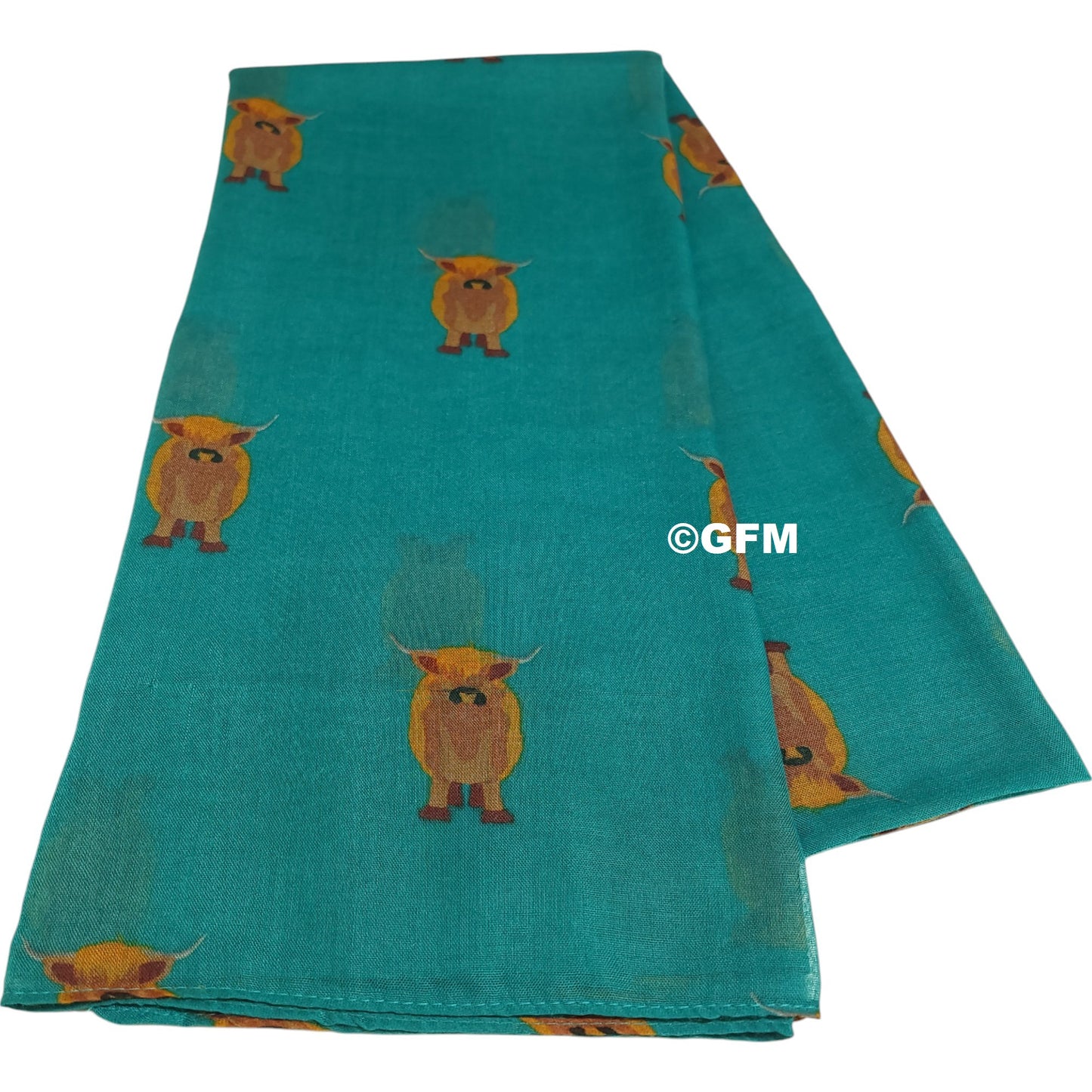 Scottish Highland Cow Scarf – Fluffy Highland Coos Heilan Coo Cattle Print Wrap - Teal (CW-53-TL)
