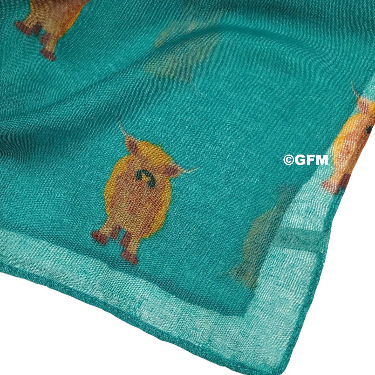 Scottish Highland Cow Scarf – Fluffy Highland Coos Heilan Coo Cattle Print Wrap - Teal (CW-53-TL)