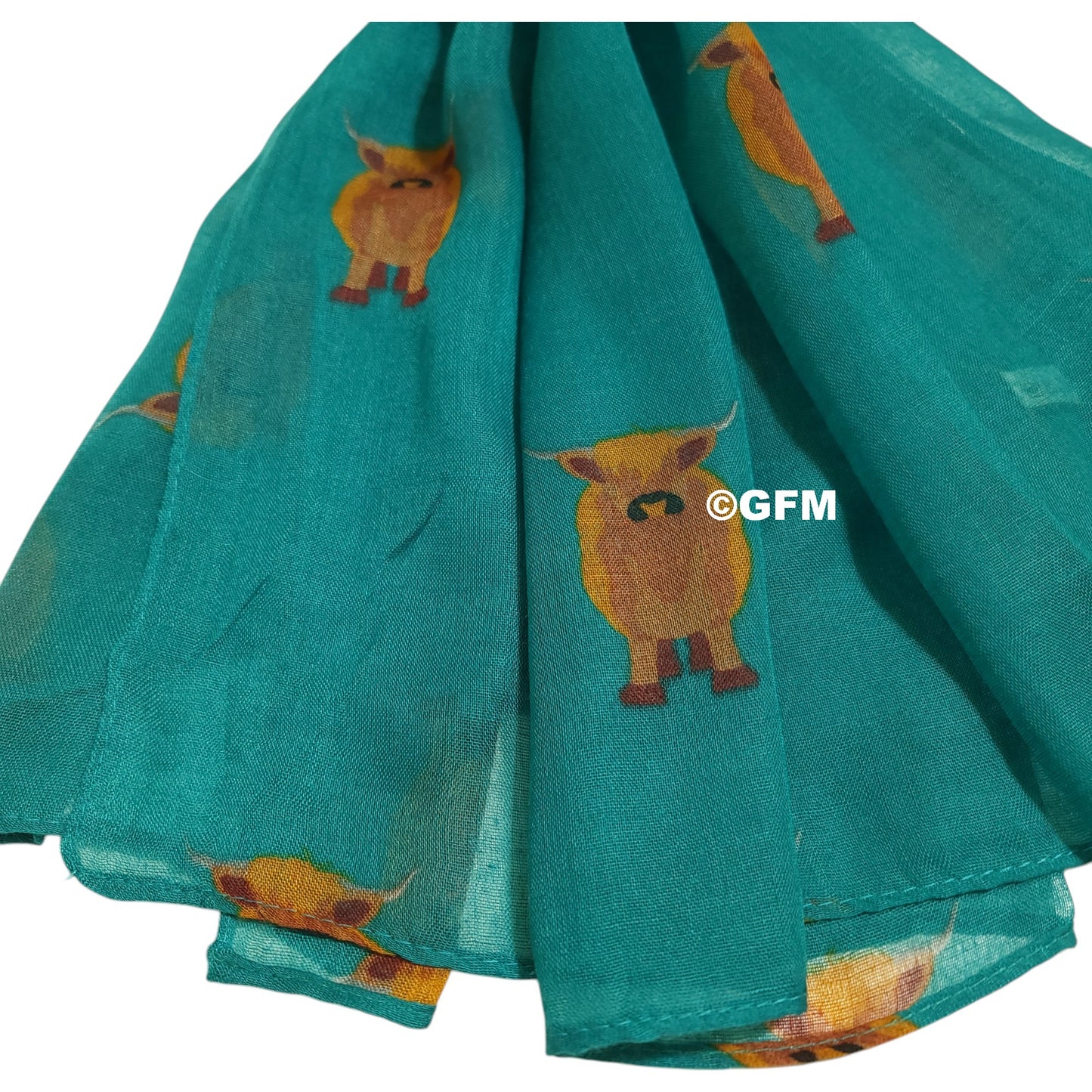 Scottish Highland Cow Scarf – Fluffy Highland Coos Heilan Coo Cattle Print Wrap - Teal (CW-53-TL)