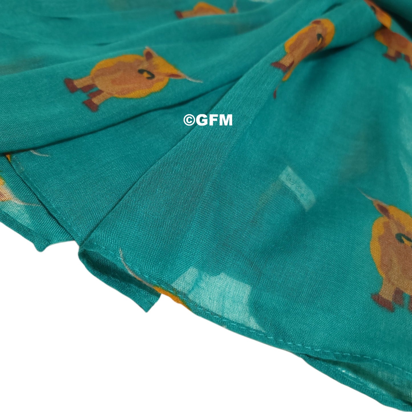 Scottish Highland Cow Scarf – Fluffy Highland Coos Heilan Coo Cattle Print Wrap - Teal (CW-53-TL)