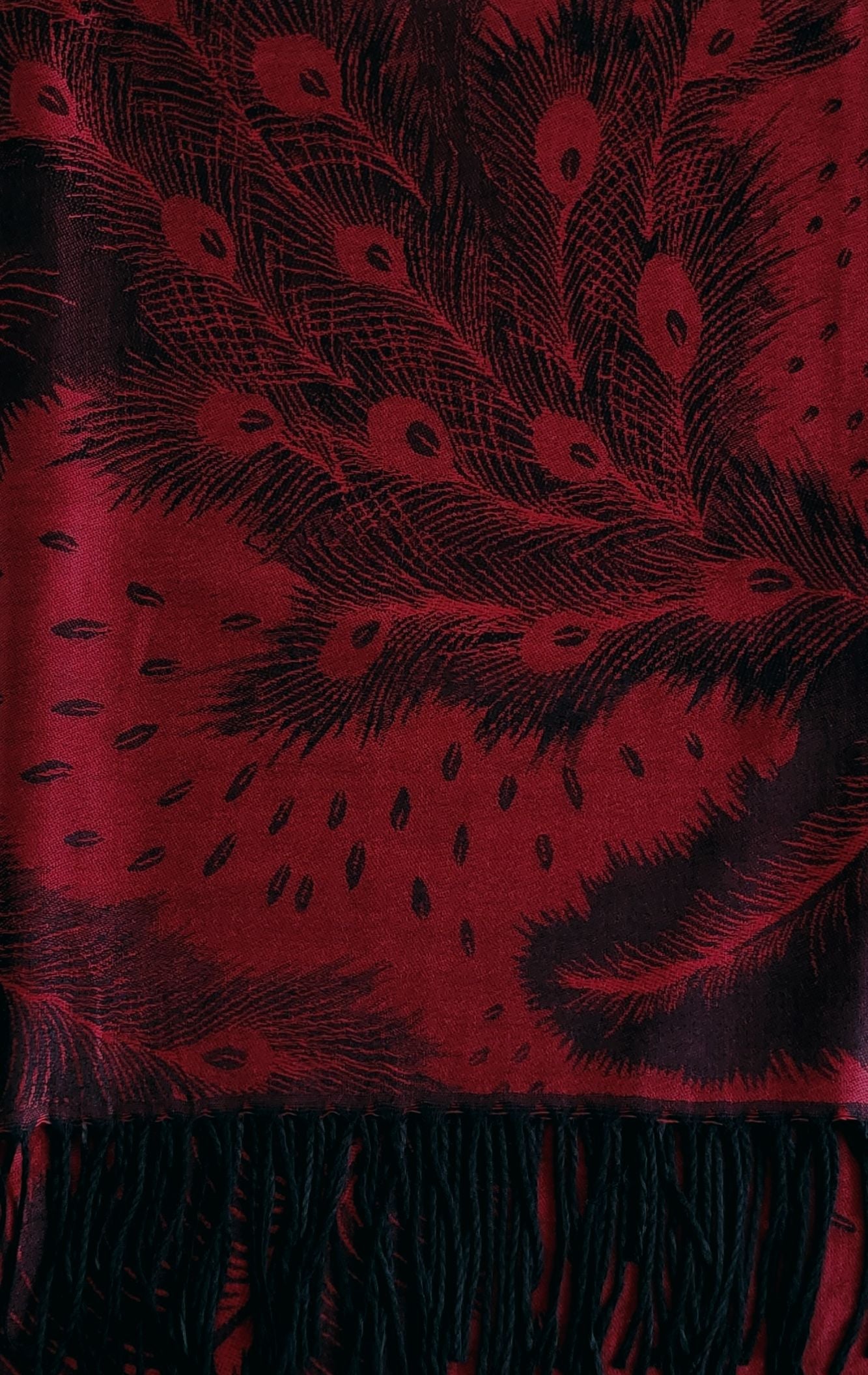 Peacock Feather Design Pashmina Style Scarf or Shawl – Deep Red Black (PCKPASH-P23-VLLKL)