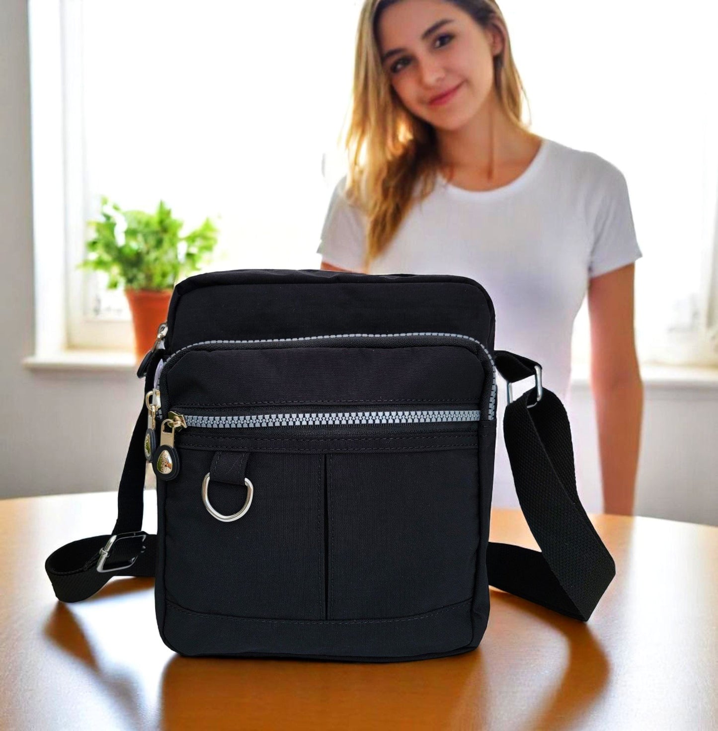 Lightweight Waterproof Small Nylon Crossbody Bag for Women with Multiple Compartments and Adjustable Strap - Black (9925-KL)