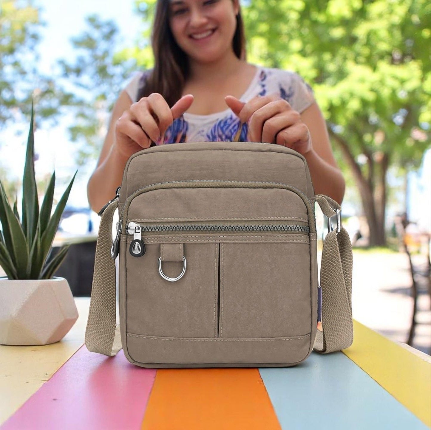 Lightweight Waterproof Small Nylon Crossbody Bag for Women with Multiple Compartments and Adjustable Strap - Beige (9925-TR)