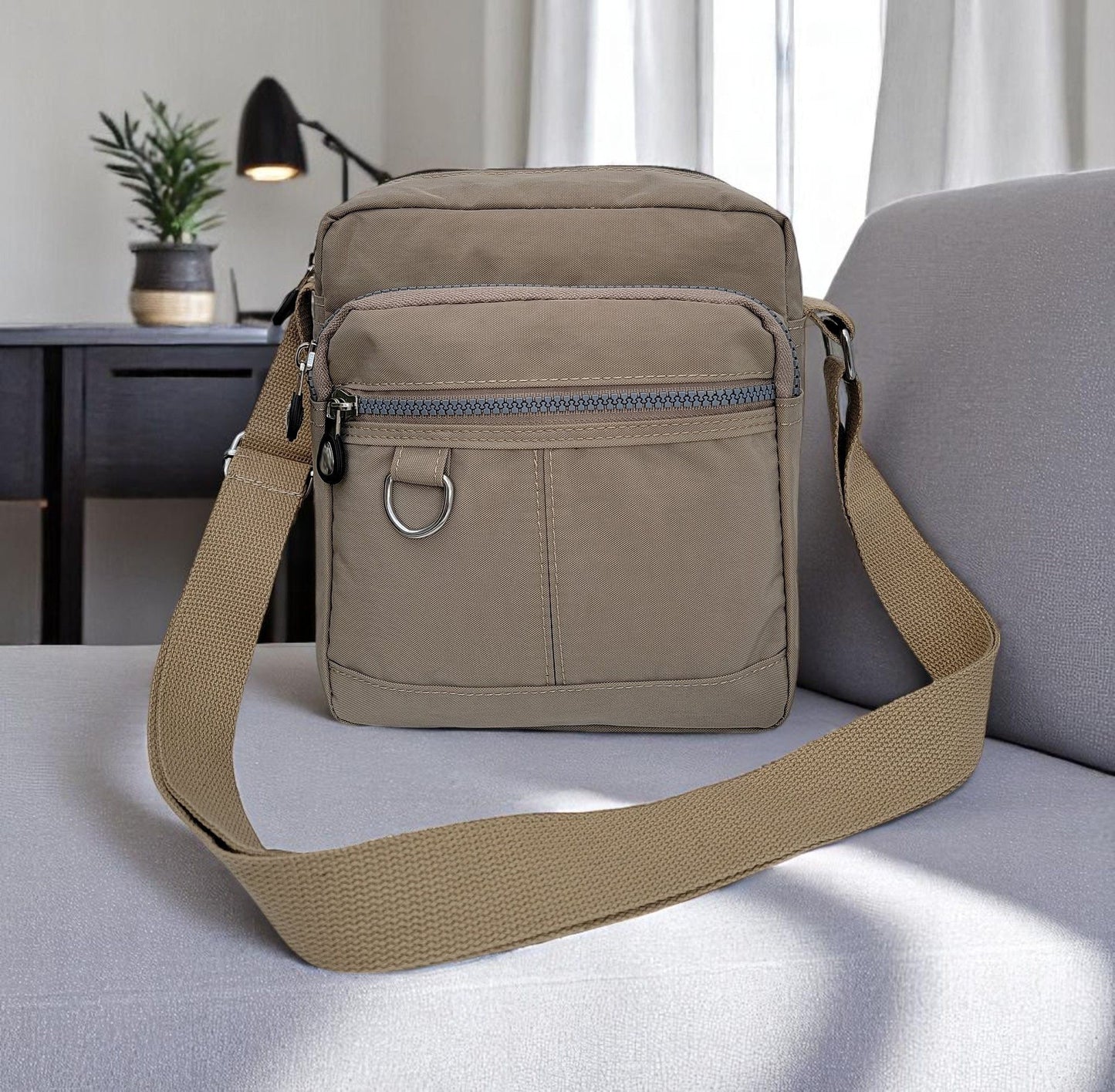 Lightweight Waterproof Small Nylon Crossbody Bag for Women with Multiple Compartments and Adjustable Strap - Beige (9925-TR)