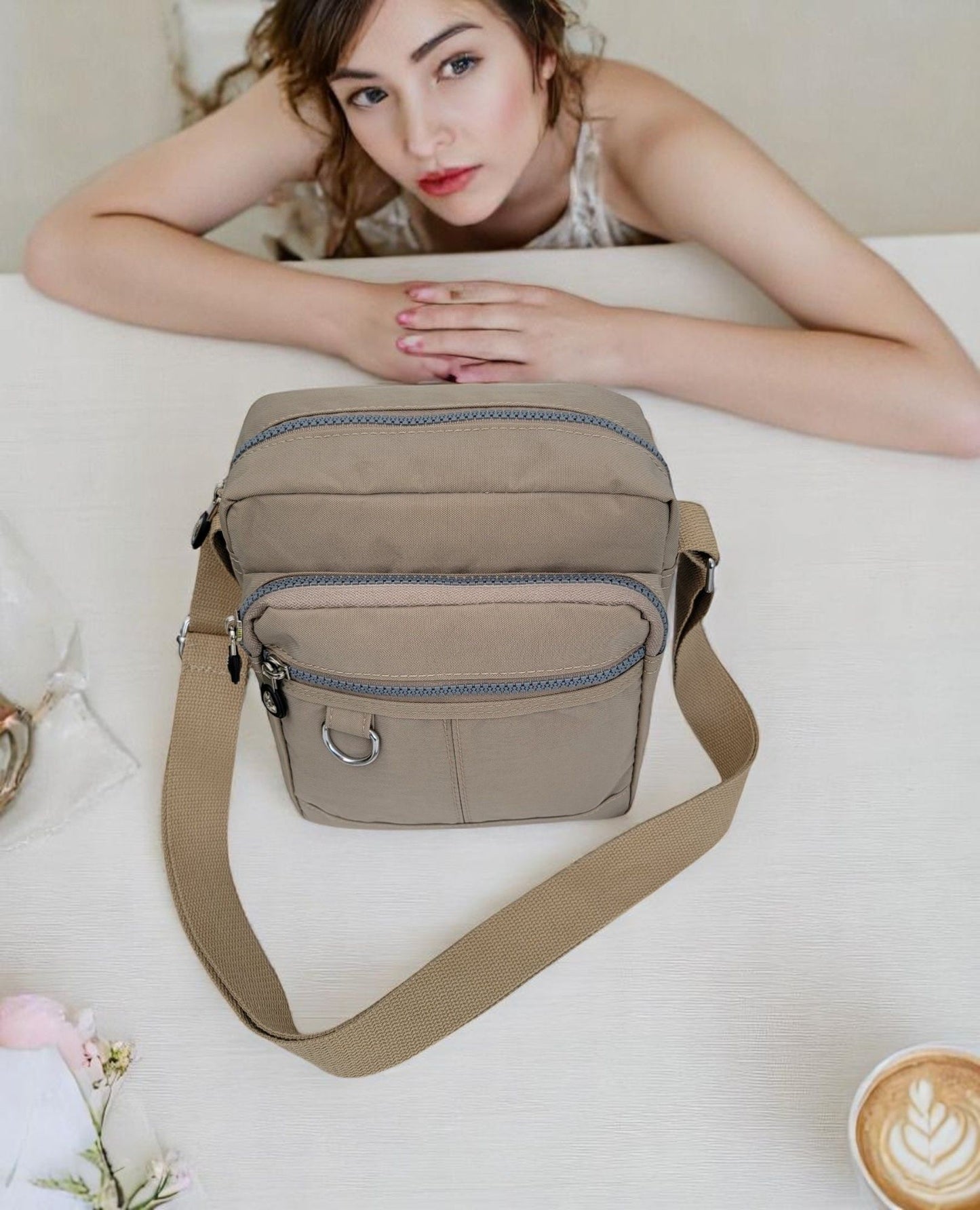 Lightweight Waterproof Small Nylon Crossbody Bag for Women with Multiple Compartments and Adjustable Strap - Beige (9925-TR)