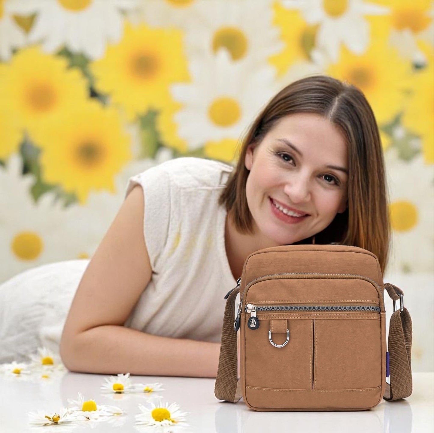 Lightweight Waterproof Small Nylon Crossbody Bag for Women with Multiple Compartments and Adjustable Strap - Light Brown (9925-HLKEK)
