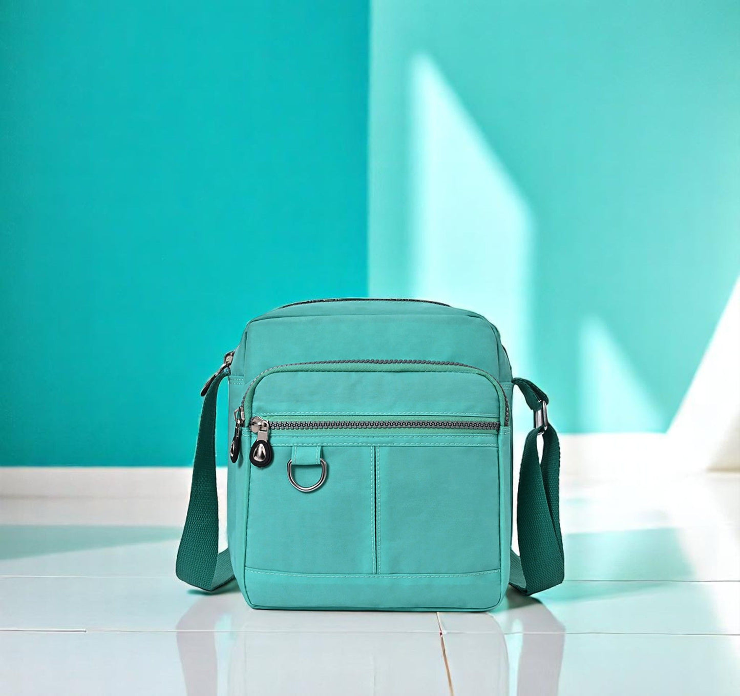 Lightweight Waterproof Small Nylon Crossbody Bag for Women with Multiple Compartments and Adjustable Strap - Lake Green (9925-LakeHR)
