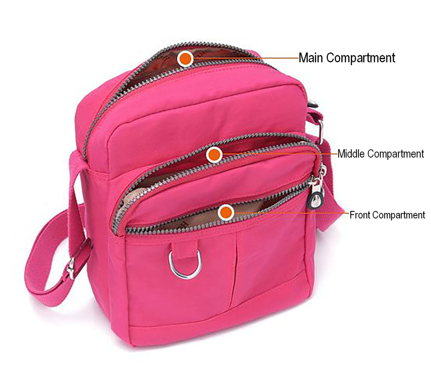 Lightweight Waterproof Small Nylon Crossbody Bag for Women with Multiple Compartments and Adjustable Strap - Hot Pink (9925-CRTGLB)